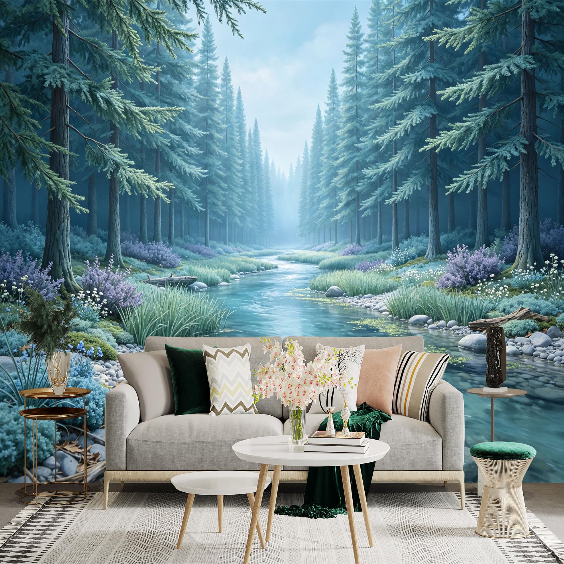 Lnzczhyre Bh260719721 Custom Size Wall Sticker Mural， Misty Forest Stream， Tranquil Woodland Landscape， Serene Nature Scenery， For Wall Decoration， Peelandstick Wall Decals.