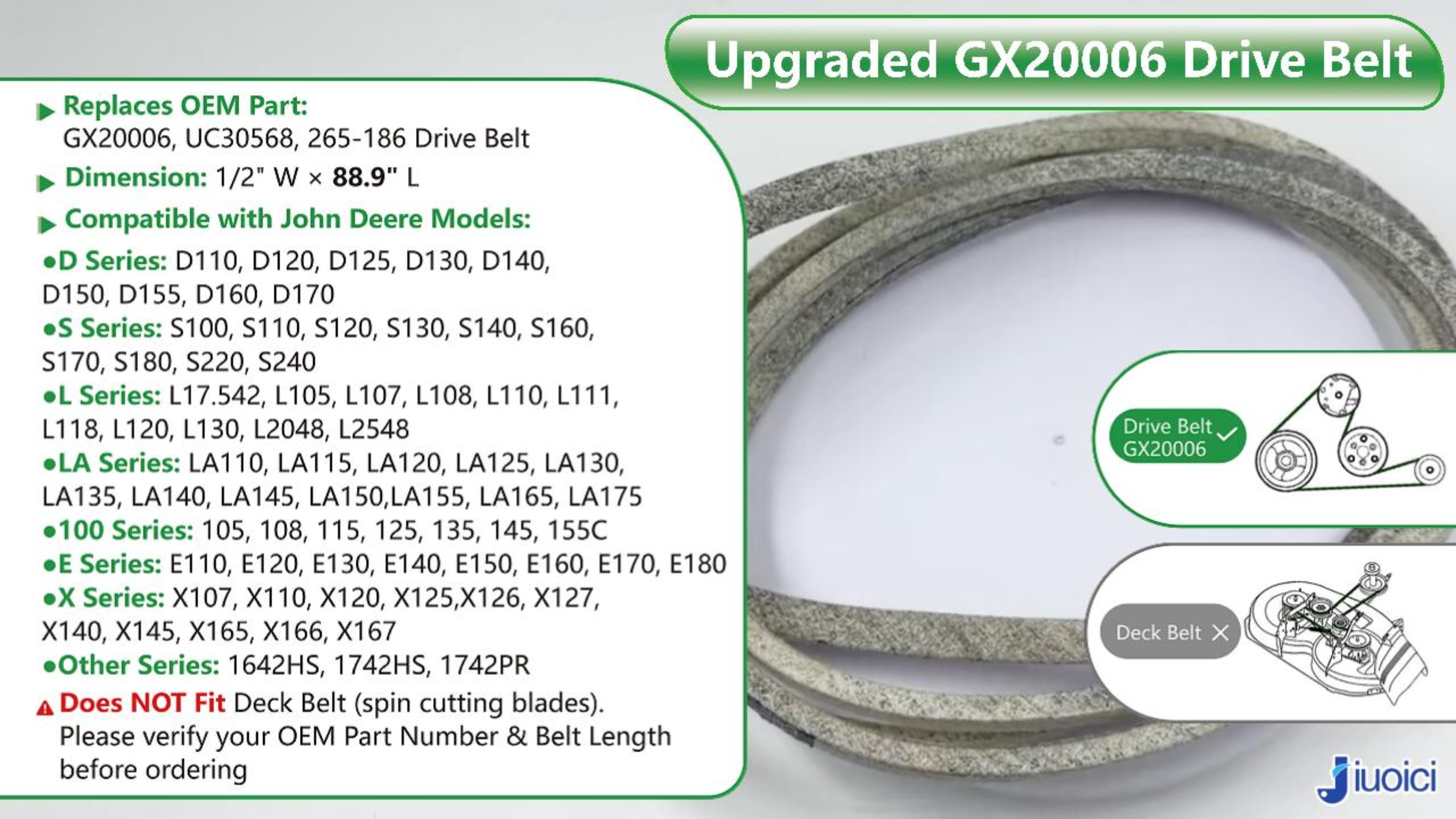 Image of GX20006 UC30568 1 /2 inchx88.9 inch Heavy-Duty Mower Drive Belt Fits John Deere | Fits John Deere D140 D130 D110 D125 D160 L120 L130 S100 S120 S130 S140 S170 S180 S240 LA115 LA145, Aramid Core, Zero-Stretch