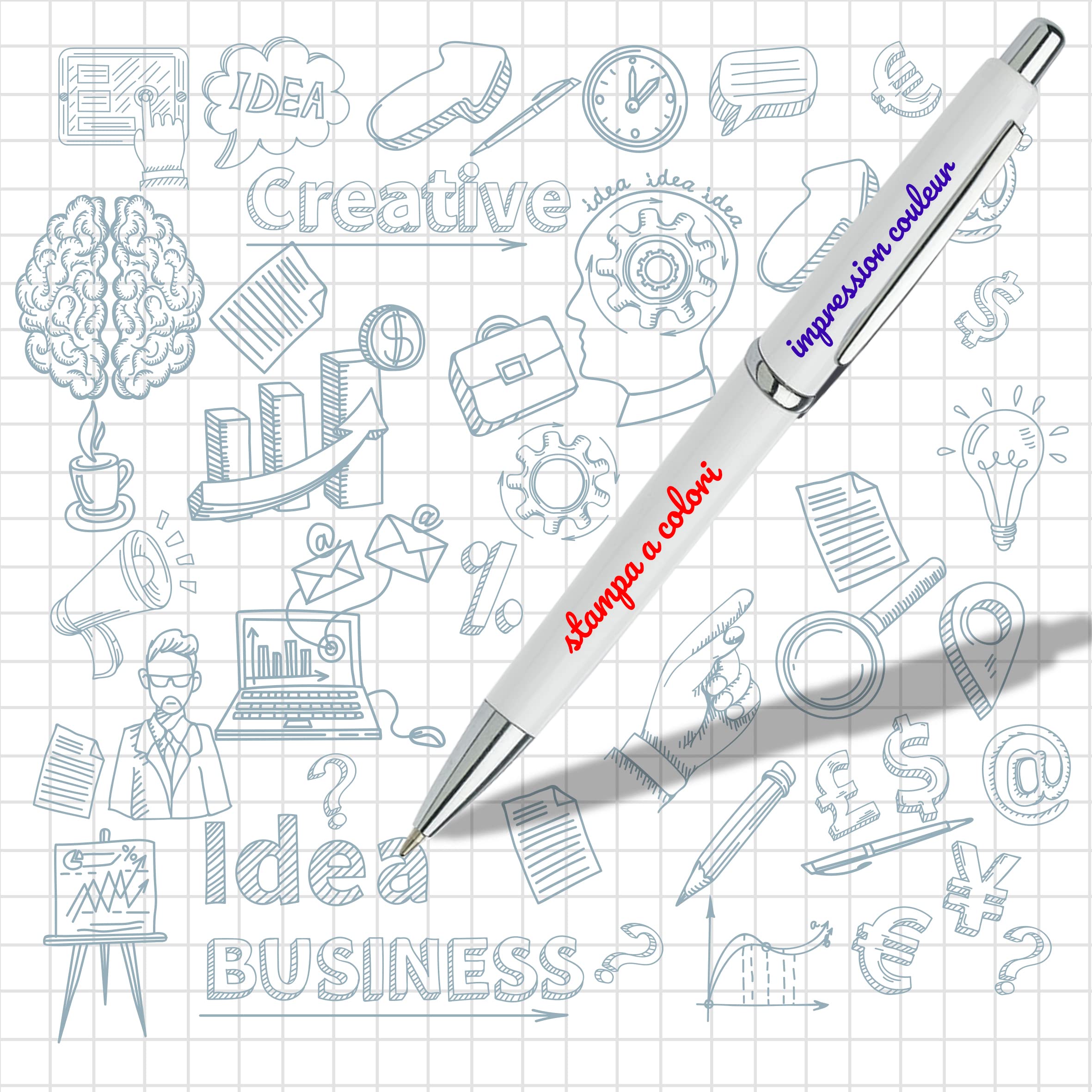 Mr Pubblicità Penna a Sfera Personalizzabile, Penna a Sfera Personalizzata, soft touch, nome, logo o messaggio con 2 stampe (100, Bianco)
