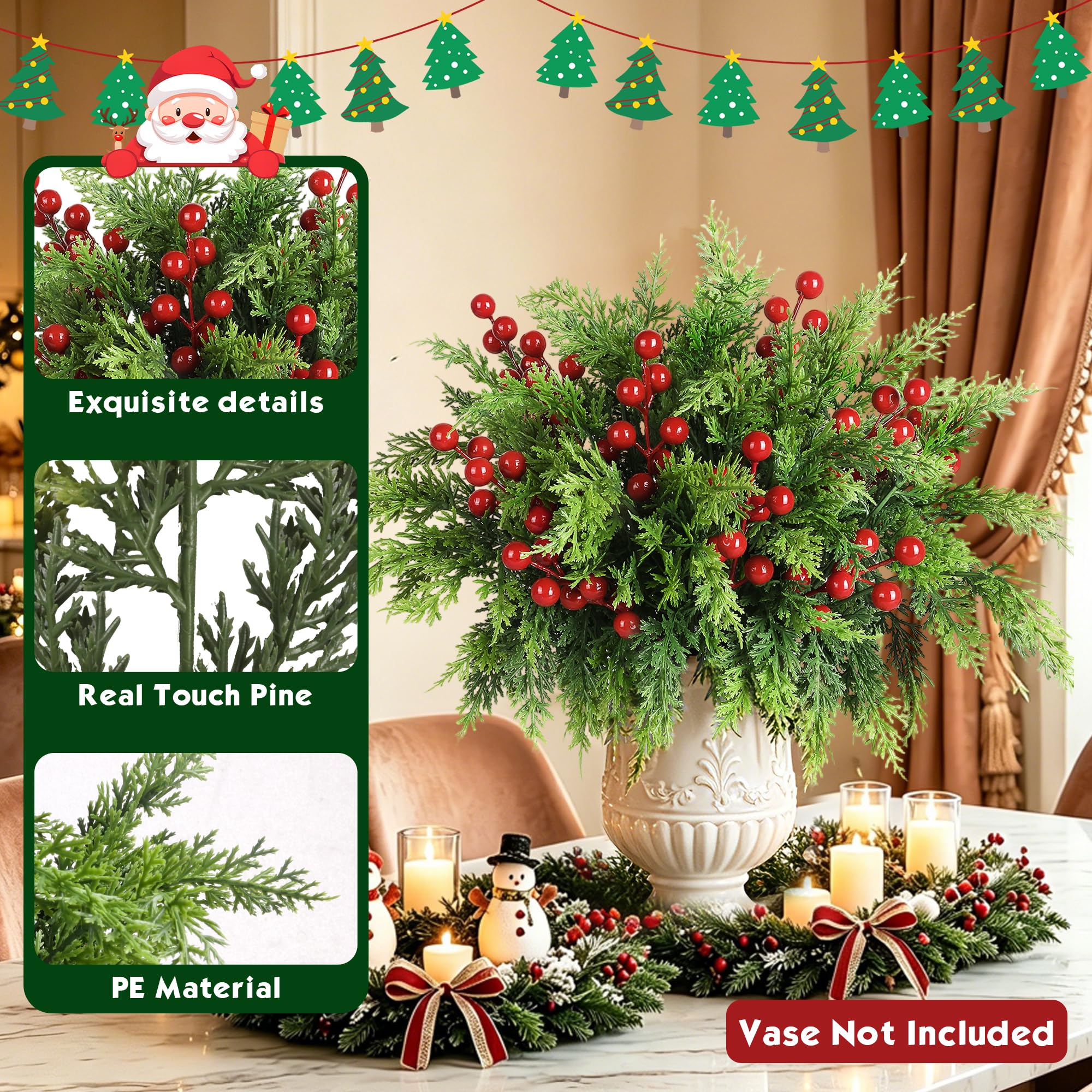 WISELIFE Weihnachtsgrün mit Beerenstielen für Weihnachtsdekorationen im Innenbereich, kurze Tannenzweige und Weihnachtsspieße für Kränze, Tischdekoration und Vasenarrangements, 45 Stück