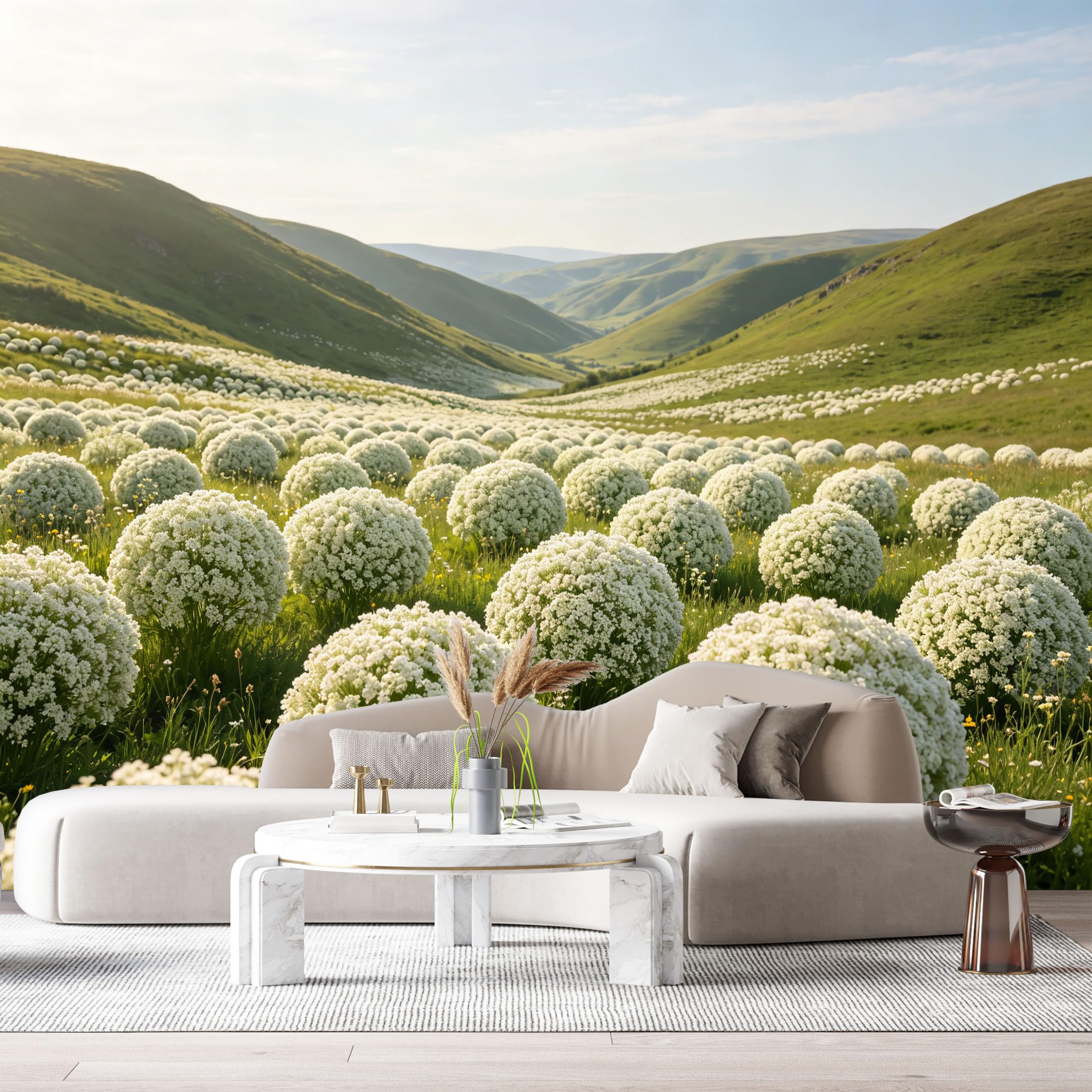 Custom Size Wall Murals Blooming Hills Landscape Botanical White Flower Valley SelfAdhesive Wall Fabric Removable Large Wallpaper for Photo Living Room