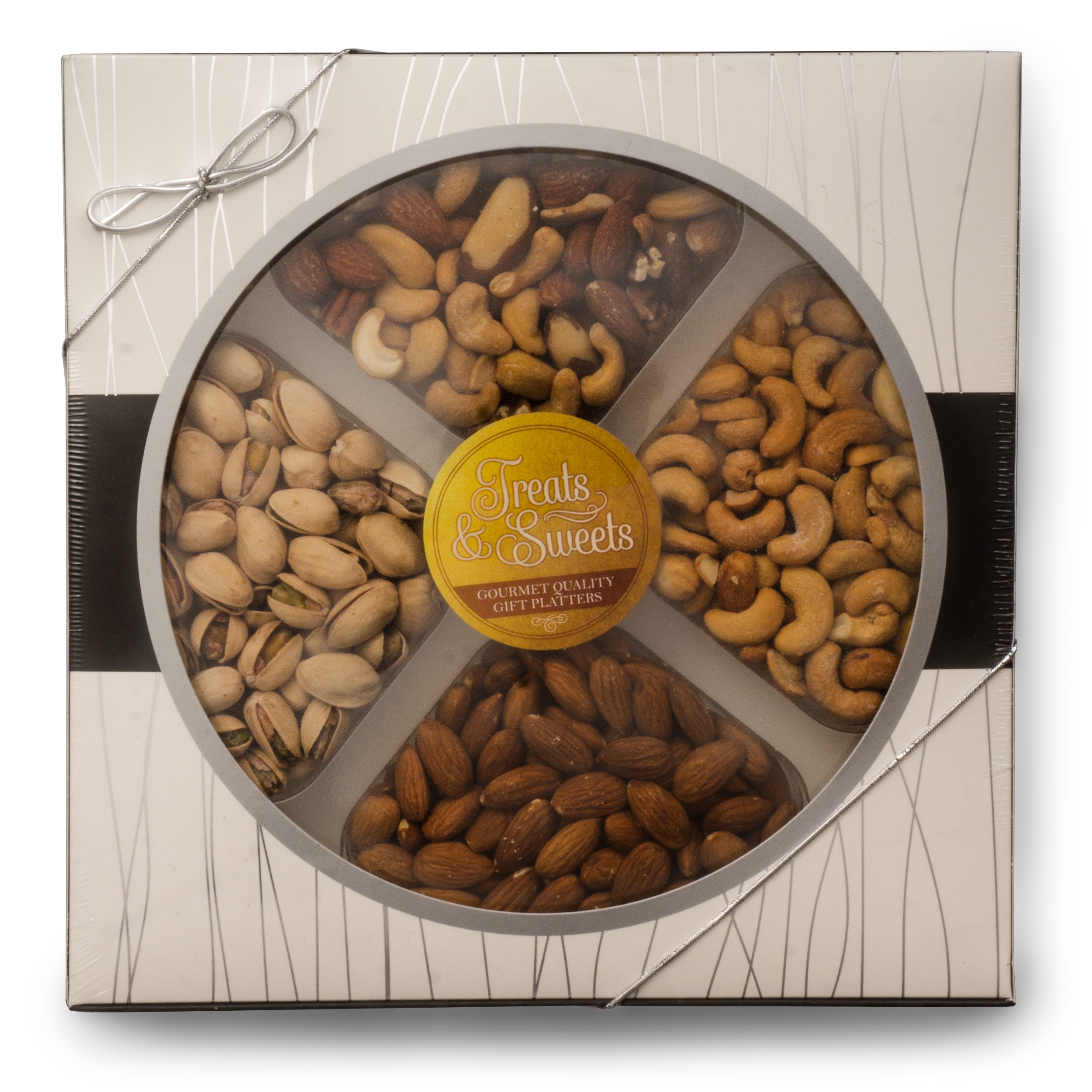 Assorted Nuts / Fancy Salted Mixed Nuts, Large Deluxe Kosher Salted Pistachios, Salted Cashews, Raw Almonds, Salted, Gourmet Box W/Silver Ribbon