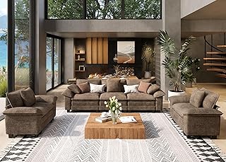 3 Piece Living Room Sofa Furniture Set, Oversized Chenille 2 Comfy Cloud Chairs and 3-Seat Modular Couch with Pillow, 5-Seat Modern Deep Sectional Sofa for Apartment, Taupe