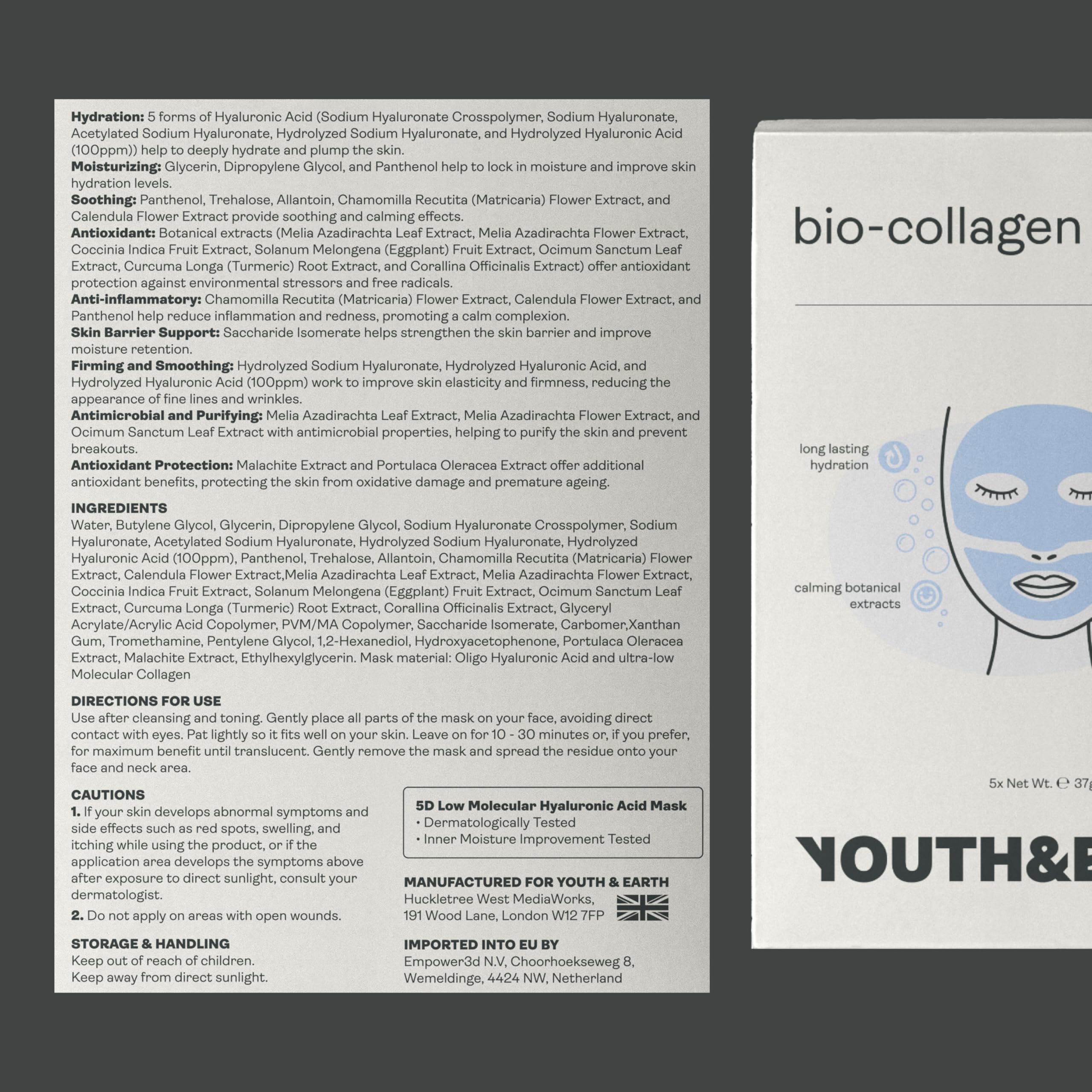 Youth and Earth Bio-Collageno Maschera Viso all'Acido Ialuronico - Confezione da 5 - Maschere Viso Anti-Età per Donna - Maschera Viso Idratante - Trattamento Viso