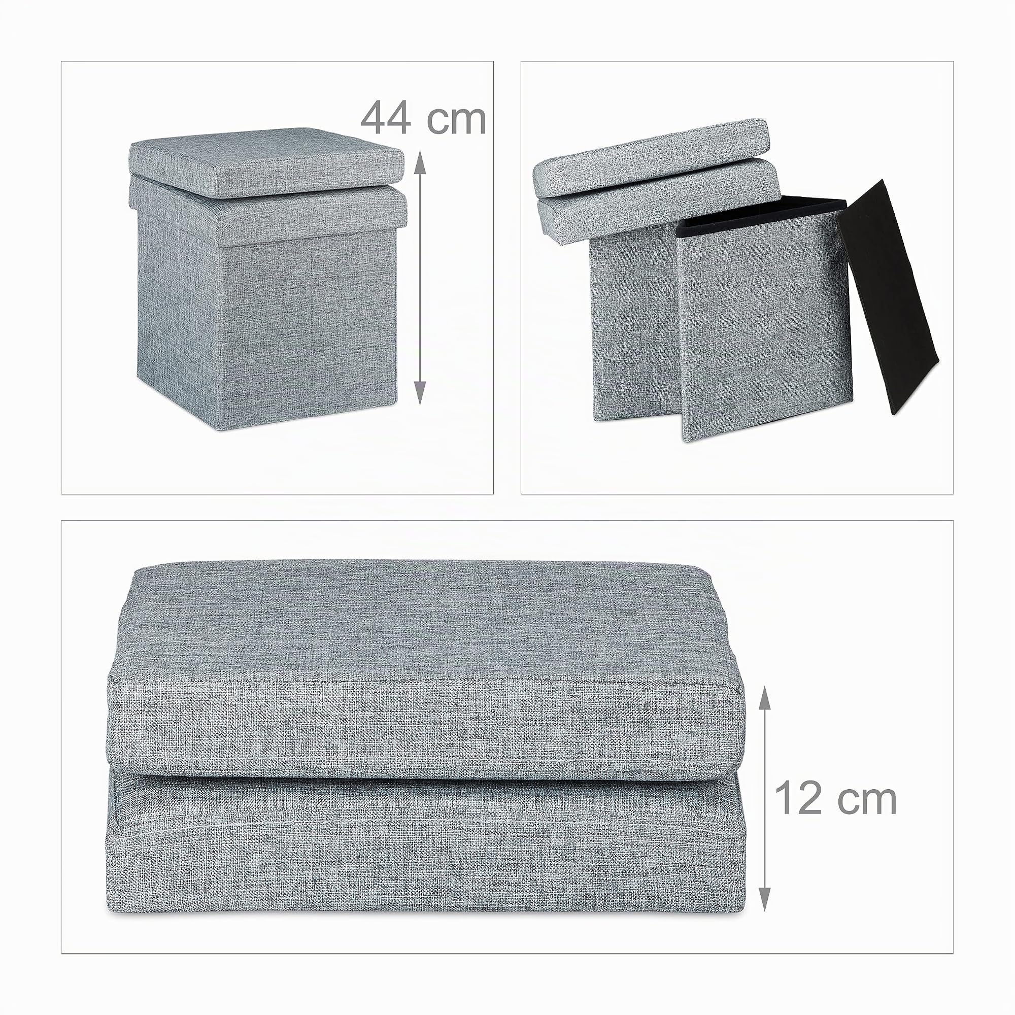 Relaxdays Sgabello Pieghevole con Schienale, Coperchio, Contenitore, Poggiapiedi, in Lino, HxLxP: 73x38x38 cm ca. Grigio