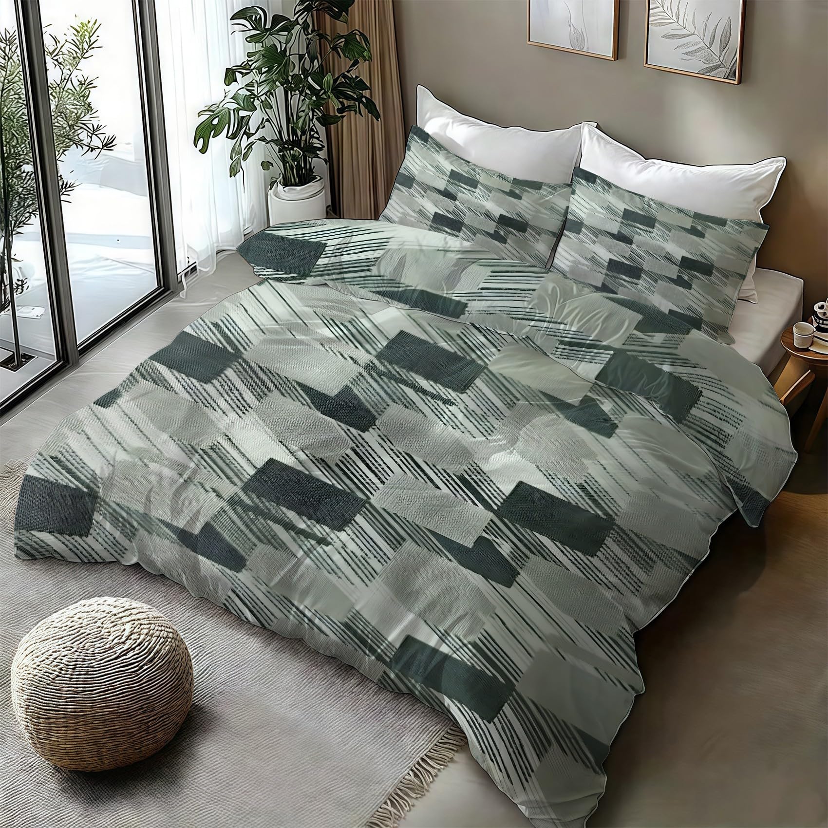 Copripiumino Matrimoniale 240x220 Quadrati geometrici Linee diagonali moderne Biancheria da Letto Morbido Microfibra Copri Piumone e 2 Federe Abbinate, con Zip PA2315