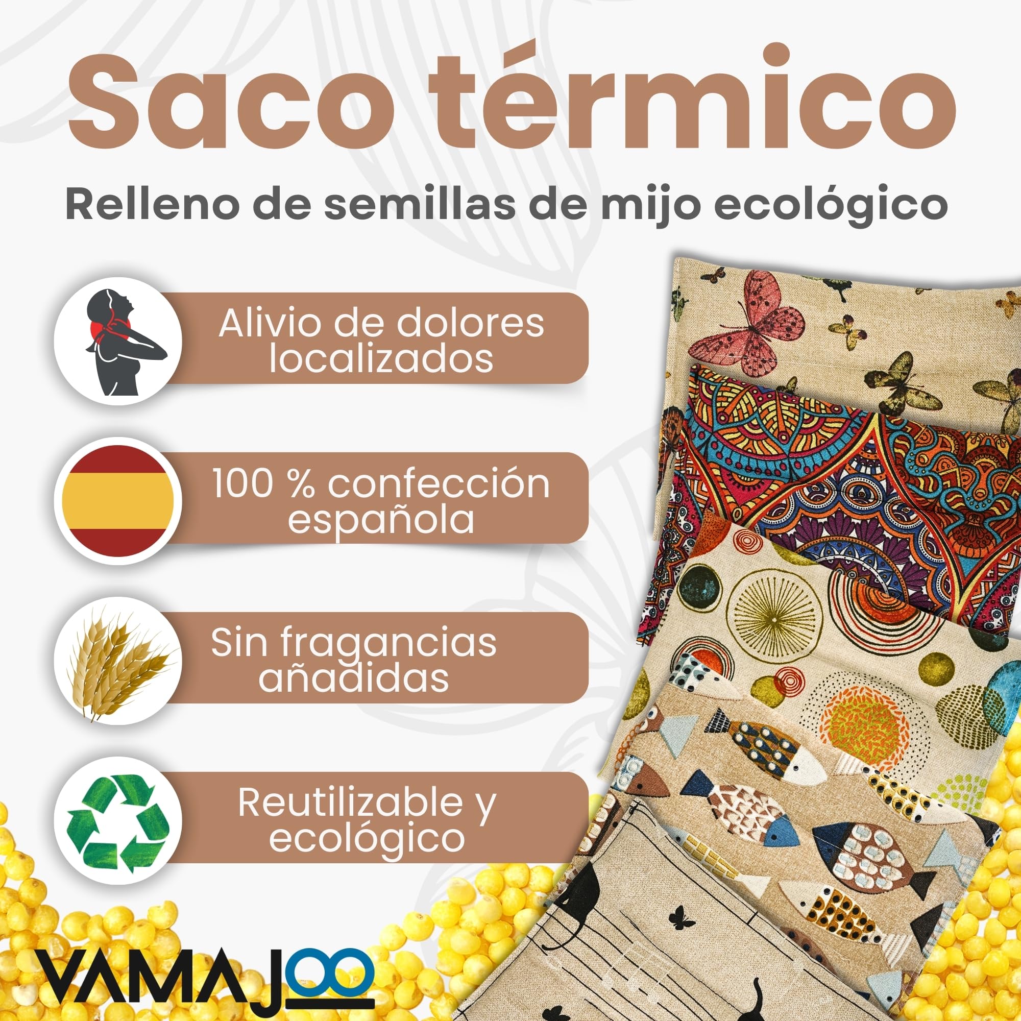 Saco Termico Semillas para Microondas | Bolsa Semillas Calor Microondas | Cojin de Semillas para Microondas | Sin Aroma | Relleno de Semillas de Mijo Ecológico | Fabricado en España 25x20cm