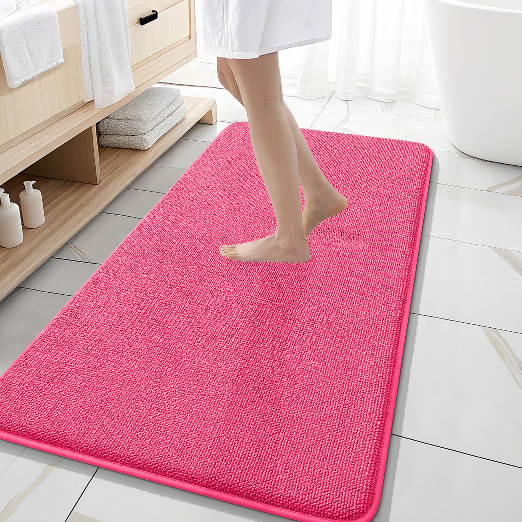 OLANLY Memory Foam Bathroom Runner Rugs 47x20, Absorbent Long Mat, Hot Pink