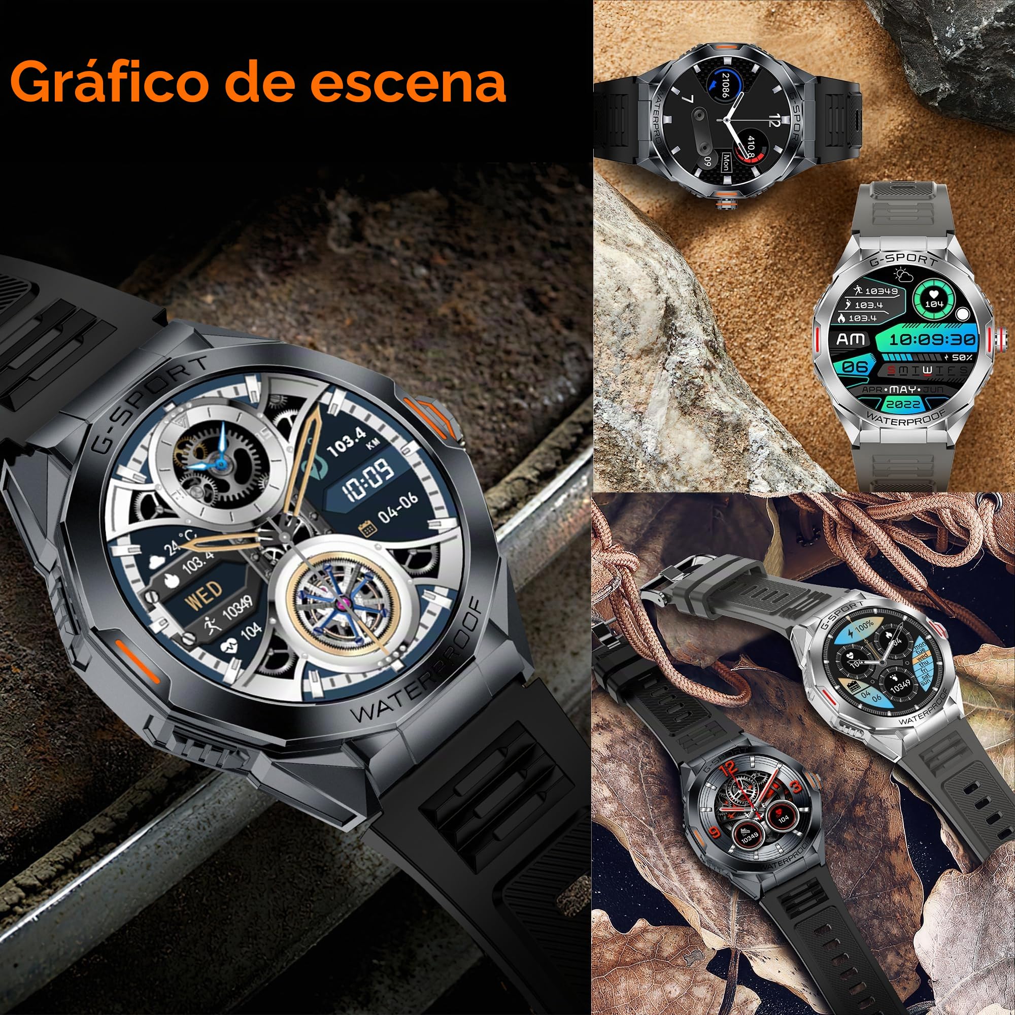 Reloj Inteligente Hombre con Llamadas, 1,46” AMOLED 5ATM Smartwatch Deportivo con Podometro Pulsometro SpO2 Sueño Presion Arterial Pulsera Actividad 5ATM Reloj para iOS Android, 3 Correas (plateado)