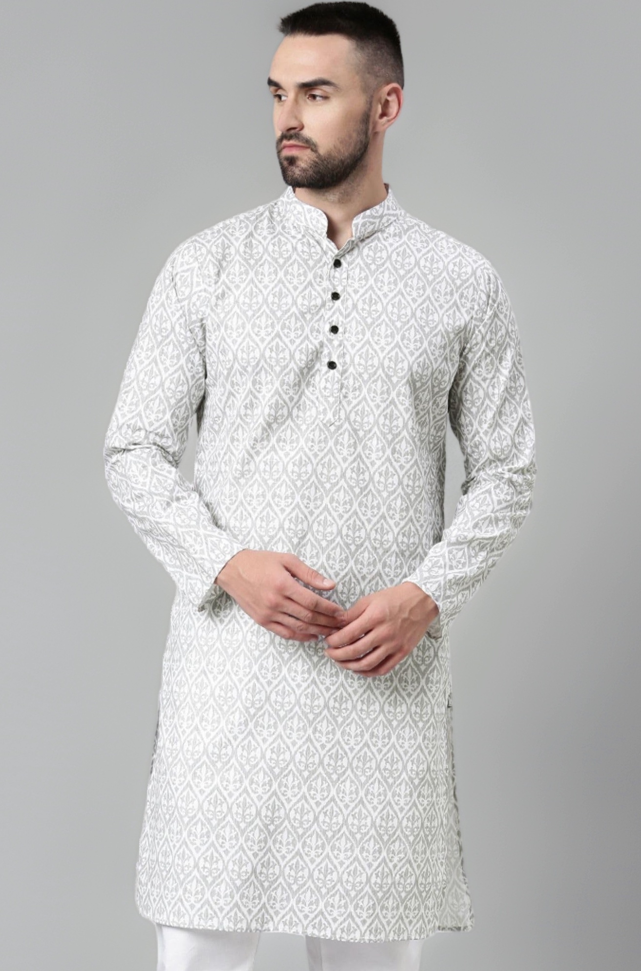 Men's Cotton Regular Fit Casual Mandarin Collar Ethnic Motifs Printed Long Regular Kurta