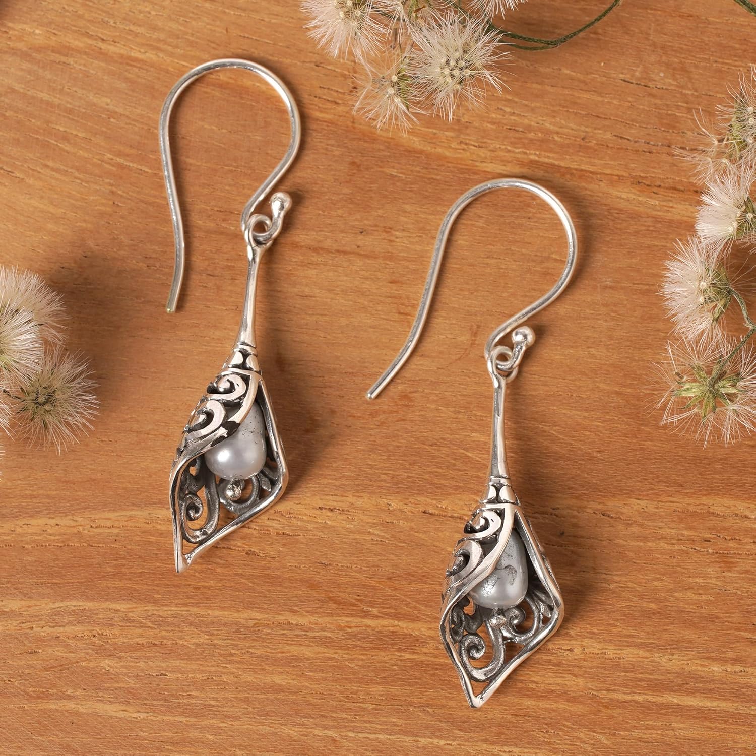 NOVICA Artisan Handcrafted Cultured Freshwater Pearl Dangle Earrings | Balinese Crafted Sterling Silver | Floral Birthstone | Long French Wire | Indonesia ' White Calla Lily' 1.6" L x 0.4" W x 0.2" D