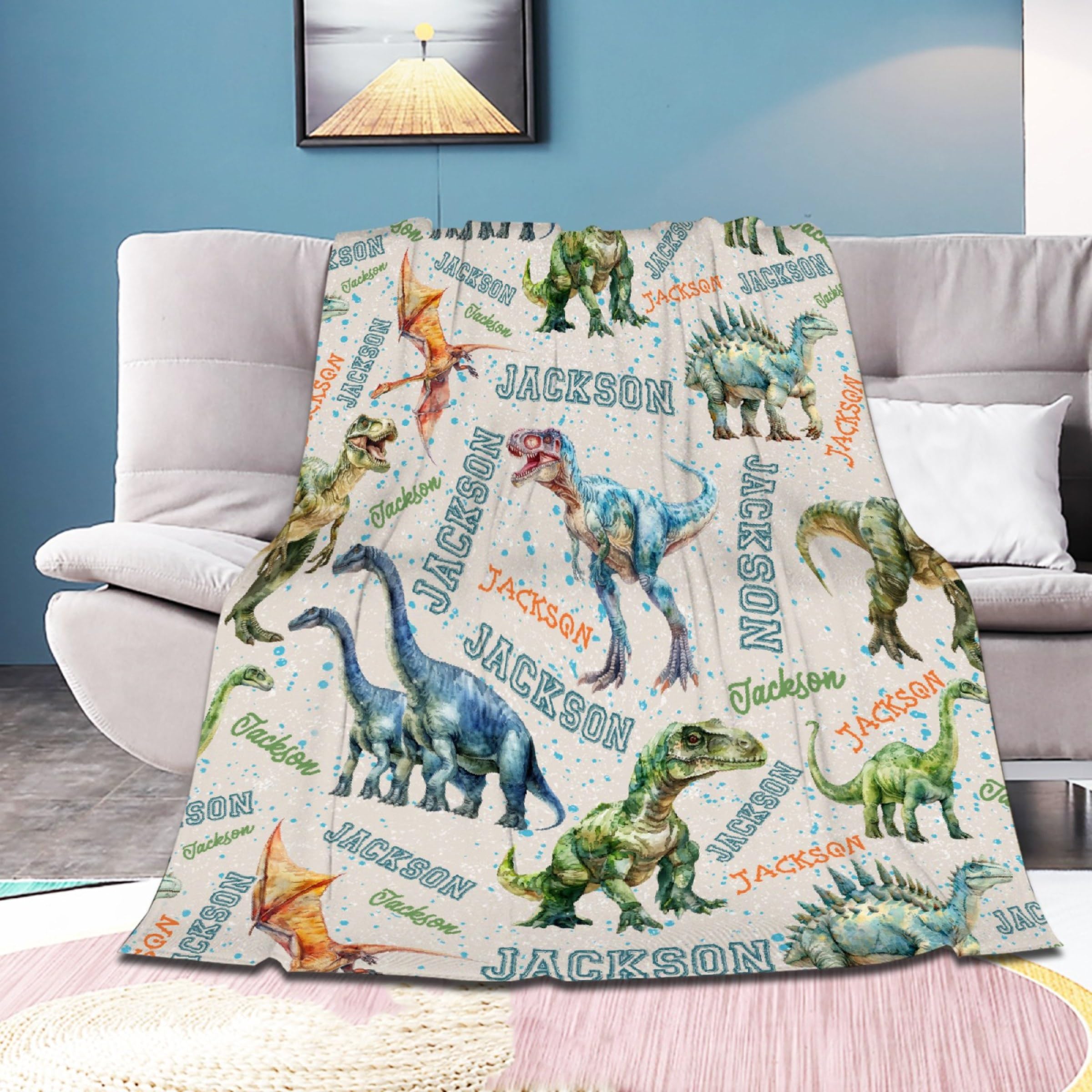 Personalized Dinosaurs Blanket Gift for Boy Girl,Custom Dinosaur Blanket
