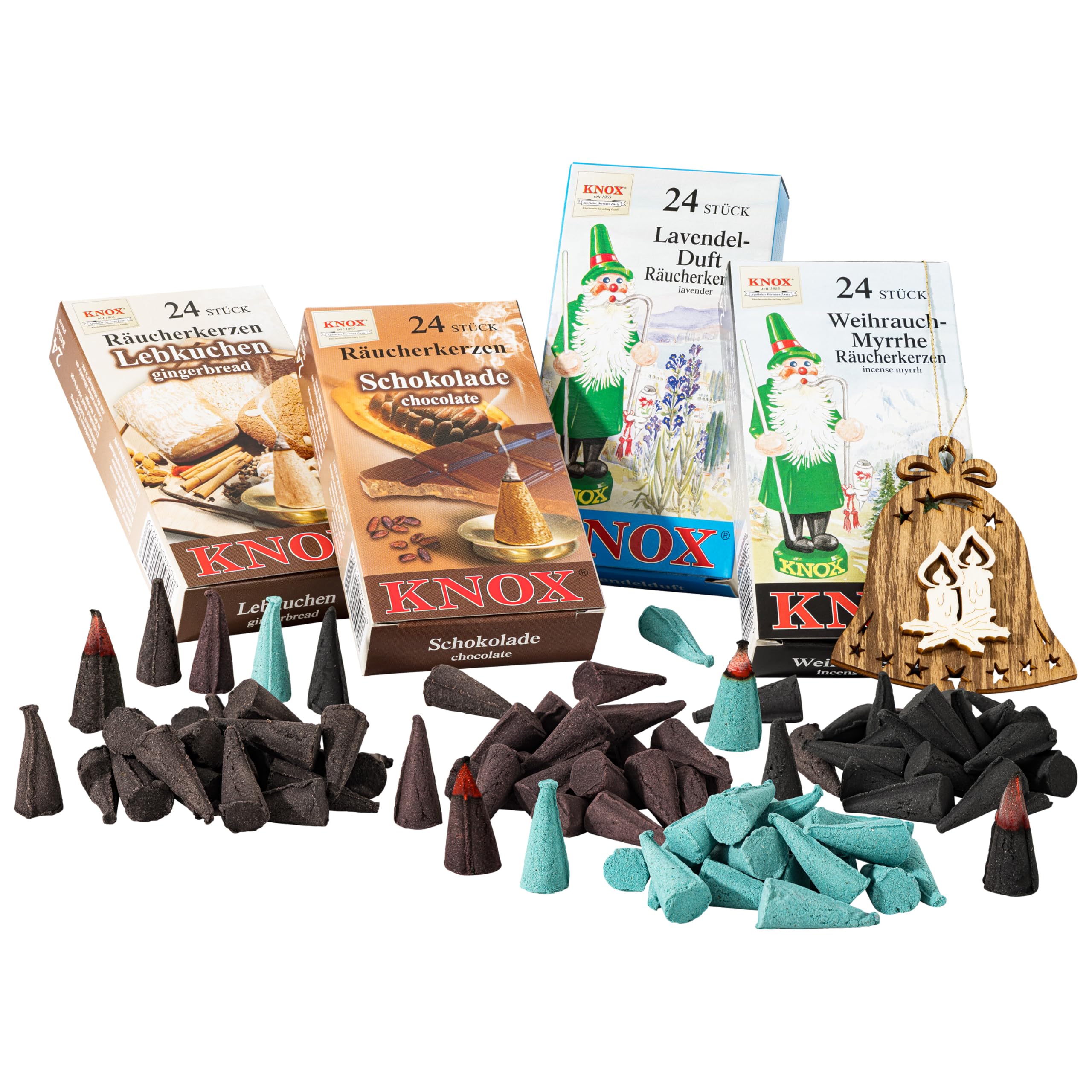 MaMeMi Knox - Conos de incienso alemanes para temporada navideña, paquete de 4 (96 conos) para casas y figuras de ahumadores, pan de jengibre, chocolate y favoritos de temporada, juego de regalo con