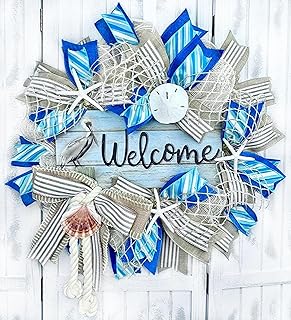 Artisan Pelican Welcome Beach, Coastal, Nautical Wreath., Made with Natural Deco Mesh, Starfish, Sand Dollar, Sea Shells, Rope, Coastal Decorations. Handmade by Paradise Wreath Boutique!