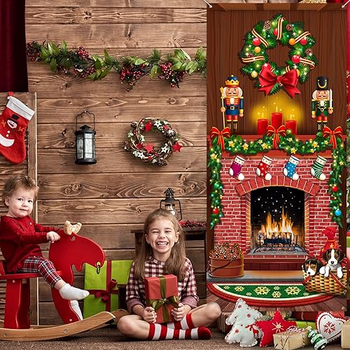 Miniatura 6 de Tiamon Cubierta de puerta de Navidad para chimenea, telón de fondo, estampado de árbol de Navidad, decoración colgante de cascanueces de Navidad,
