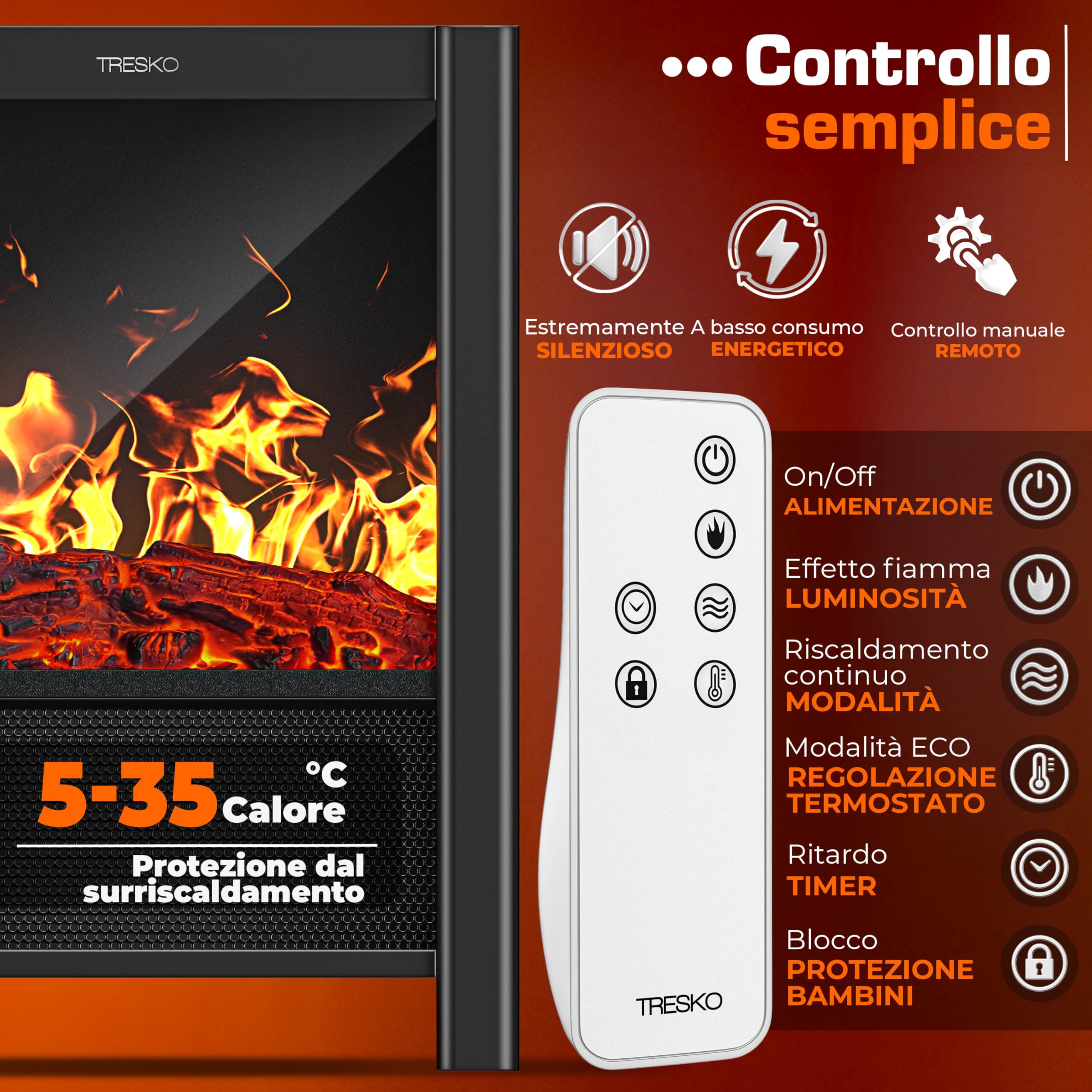 TRESKO® Camino Elettrico SmartFire con Riscaldamento 2000 W, APP WiFi e Telecomando | Camino Elettrico con Effetto fiamma LED e Display LCD | Camino con Termostato | Stufa Elettrica Timer
