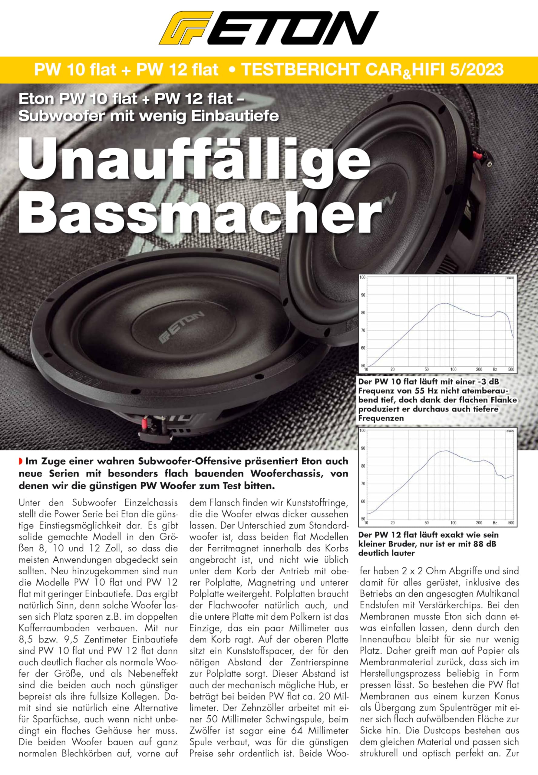 ETON PW 10 Flat – Druckvoller, Flacher 25 cm / 10 Zoll Langhub Subwoofer, Bass fürs Auto, Tiefton Lautsprecher mit Ferritmagnet, 2 x 2 Ohm Doppelschwingspule, 2 x 300 Watt