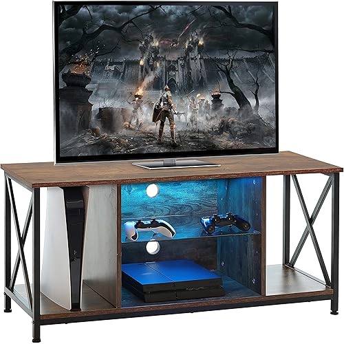 TV Stand for 50 inch TV with Led Lights, Gaming Entertainment Center 41.7" Small Media Console Table Wood Storage Cabinet for Living Room Bedroom, Rustic Brown