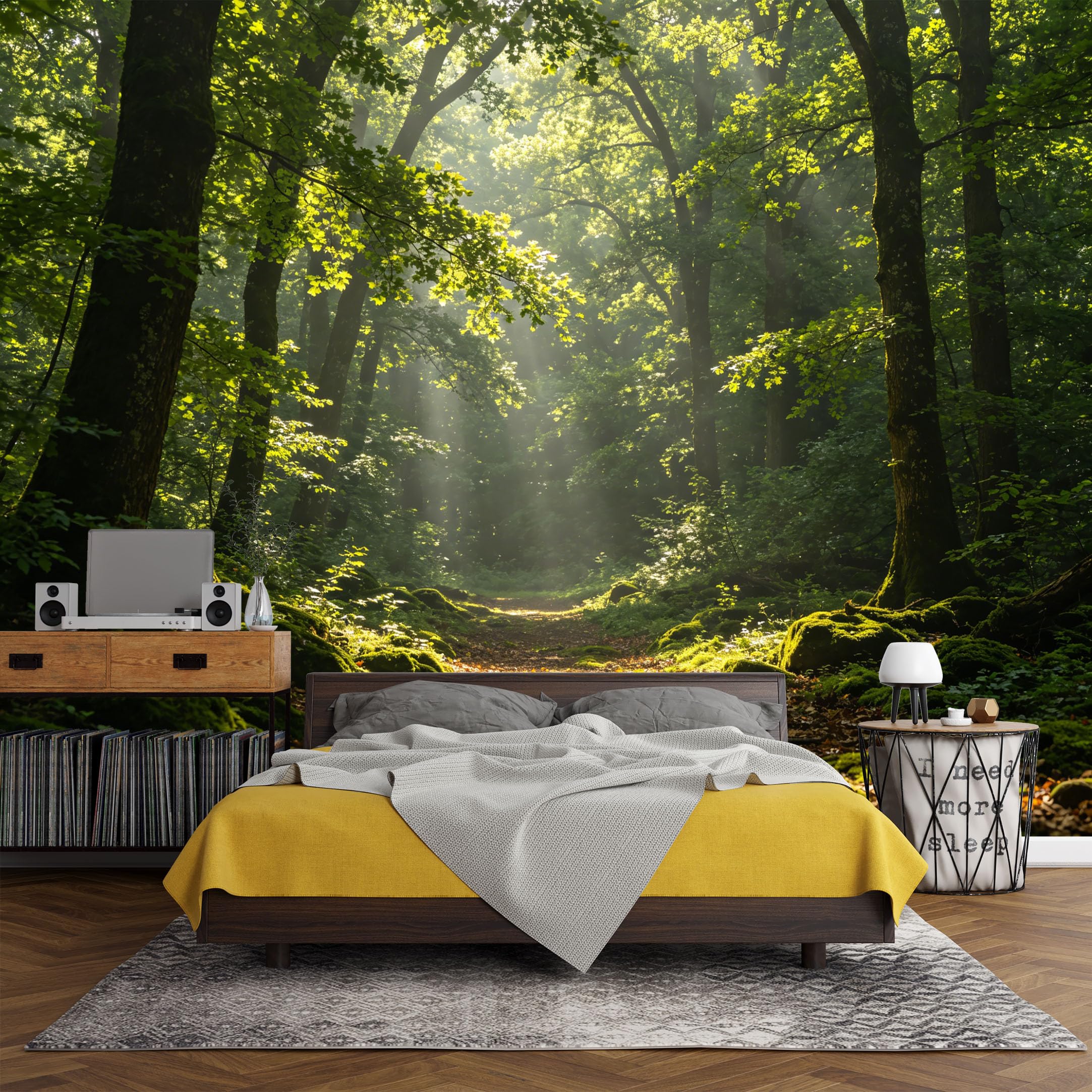 Custom Size Wall Mural， Forest Sunlight Path Moss Green Landscape Nature Scenery，SelfAdhesive Art Prints wall Fabric (No PVC) Removable Wallpaper Living Room Decor