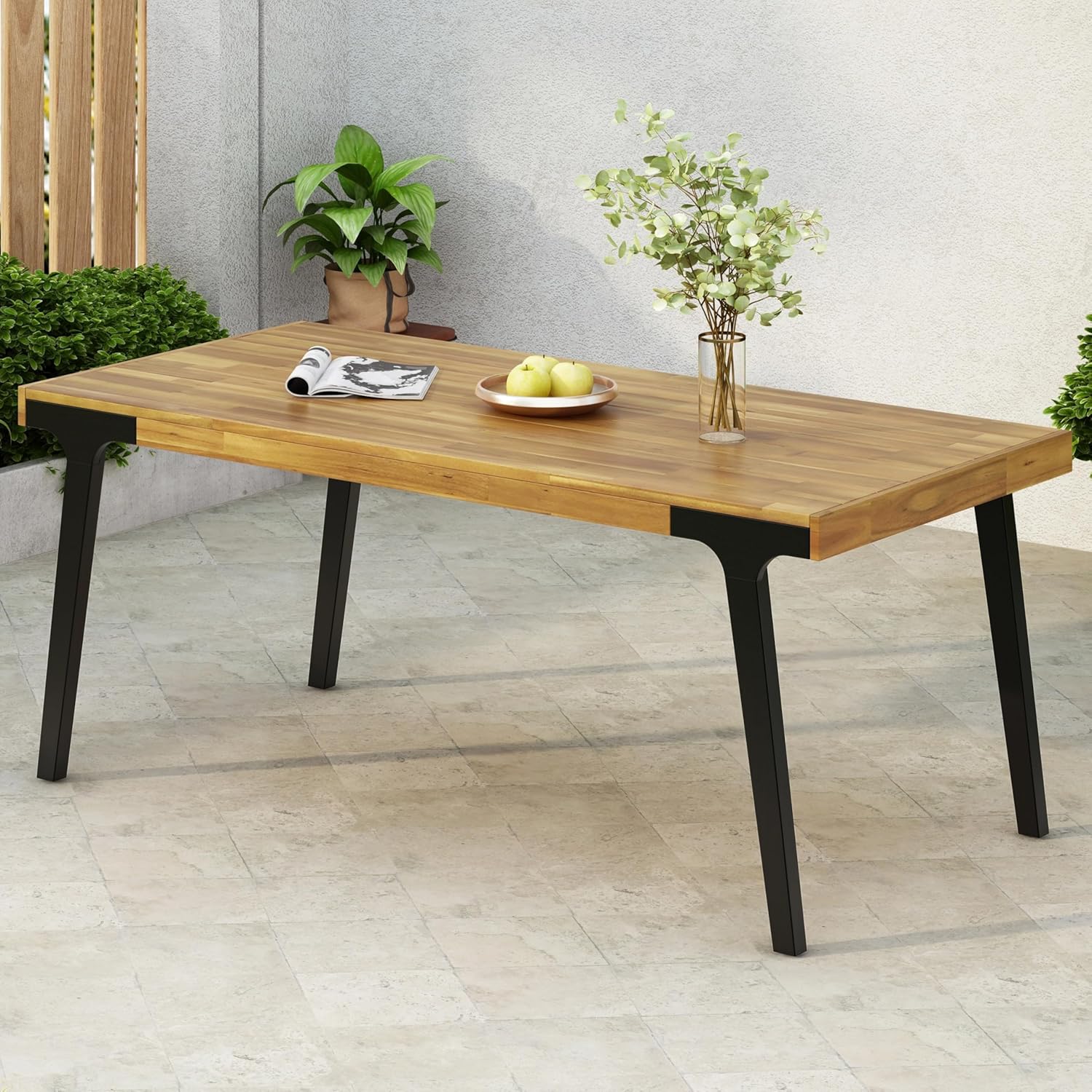 Christopher Knight Home Harpe Outdoor Patio Acacia Wood Rectangular Dining Table, Wood Slat Panel Top, Teak Finish+Black 32.00" Dx69.00" Wx30.00" H