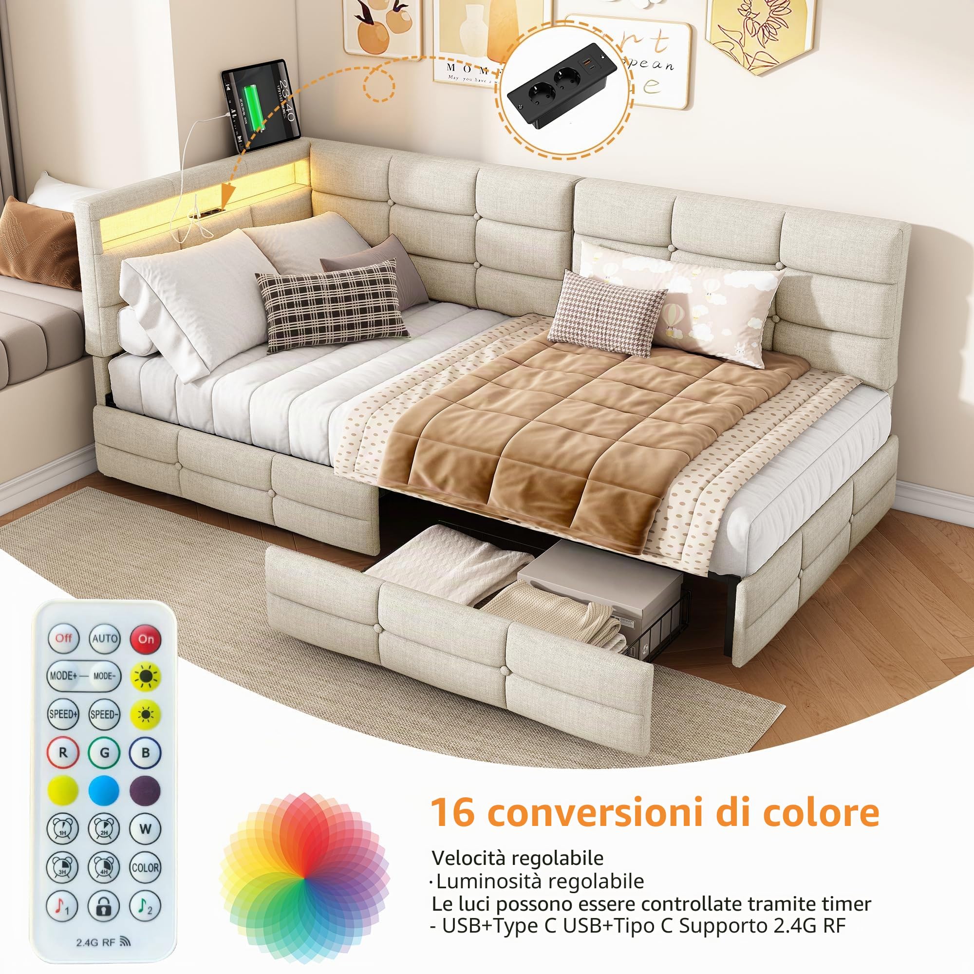 Divano Letto Singolo 140x190 cm con LED, USB e 2 Cassetti, Letto Imbottito a L in Tessuto di Lino Beige, Letto con Contenitore Moderno e Funzionale per Camera da Letto, Senza Materasso