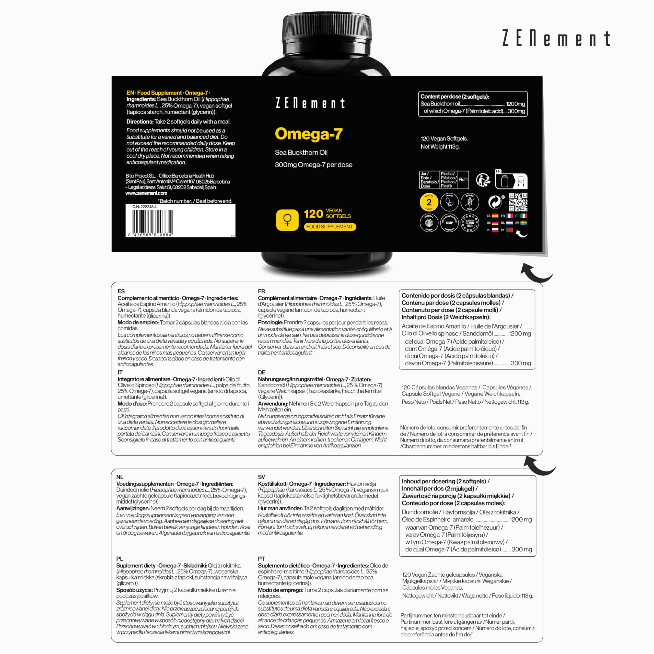 Omega-7 - Vegano - 1200 mg de Aceite de Espino Amarillo de los cuales 300 mg de Omega-7 (Ácido Palmitoleico) por Dosis Diaria - Cápsula blanda - 2 Meses de Uso – Zenement