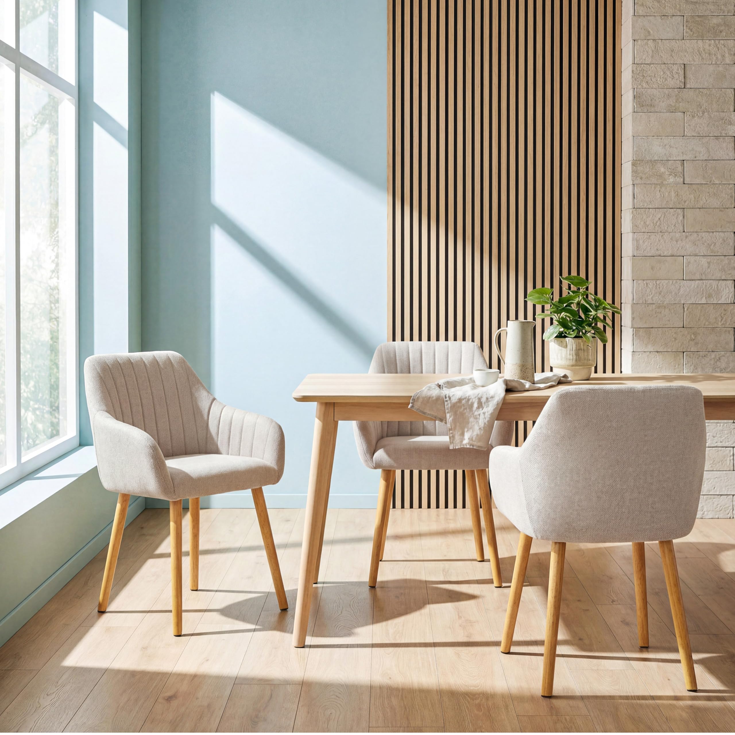 Lot de 4 Chaises Fauteuil Salle à Manger Chaises Beige avec Accoudoirs rembourrée en Polyester avec Pieds en Bois pour Salon Cuisine et Bureau