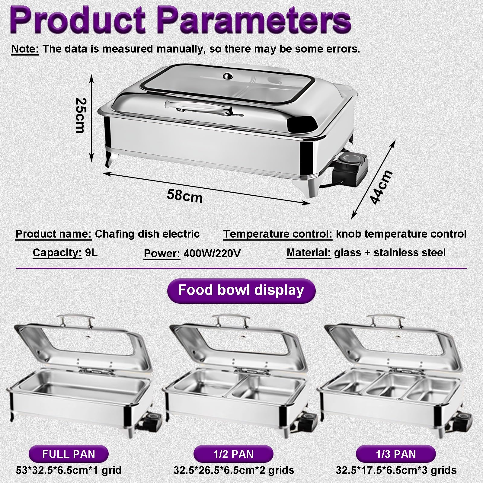 Chafing Dish Eléctrico, 9L Calentador de Comida Electrico para Buffet Temperatura Regulable, Calentador de Buffet in Acero Inoxidable con Tapa Visible(A,1/2 Pan)