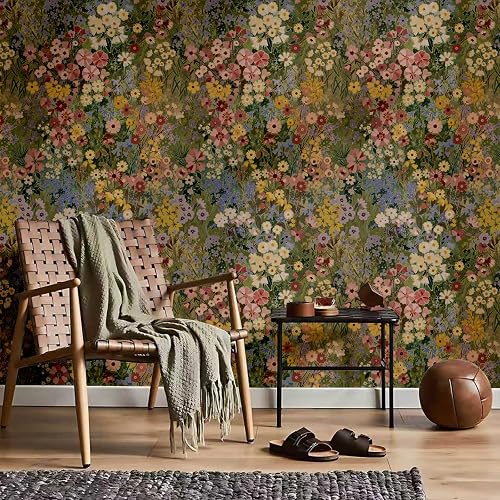 Floral Wallpaper Peel and Stick Boho Wall Paper Removable Waterproof Green Petal Pattern Contact Paper for Bedroom, Bathroom, Home Wall 17.3" x 393.7"