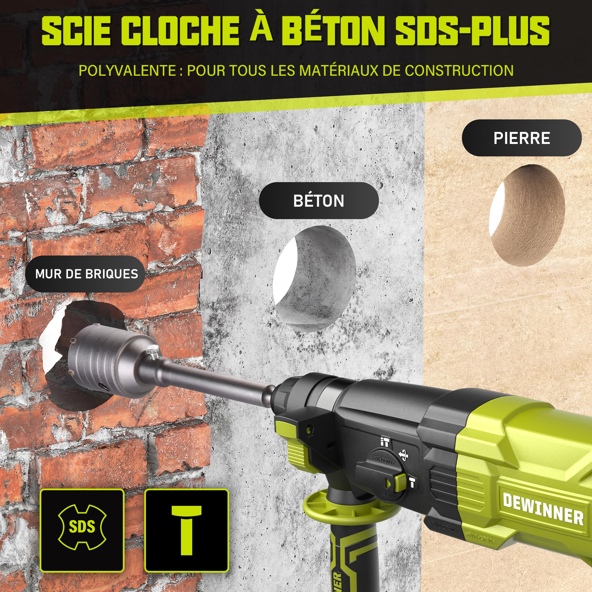 DEWINNER Marteau Perforateur 1100W 3.4 J, Marteau Perforateur 0-1500RPM/5500BPM avec 4 Fonctions et Embrayage de Sécurité, 20 Accessoires y compris la Scie Coche, Vitesse Variable, Béton, Acier, Bois