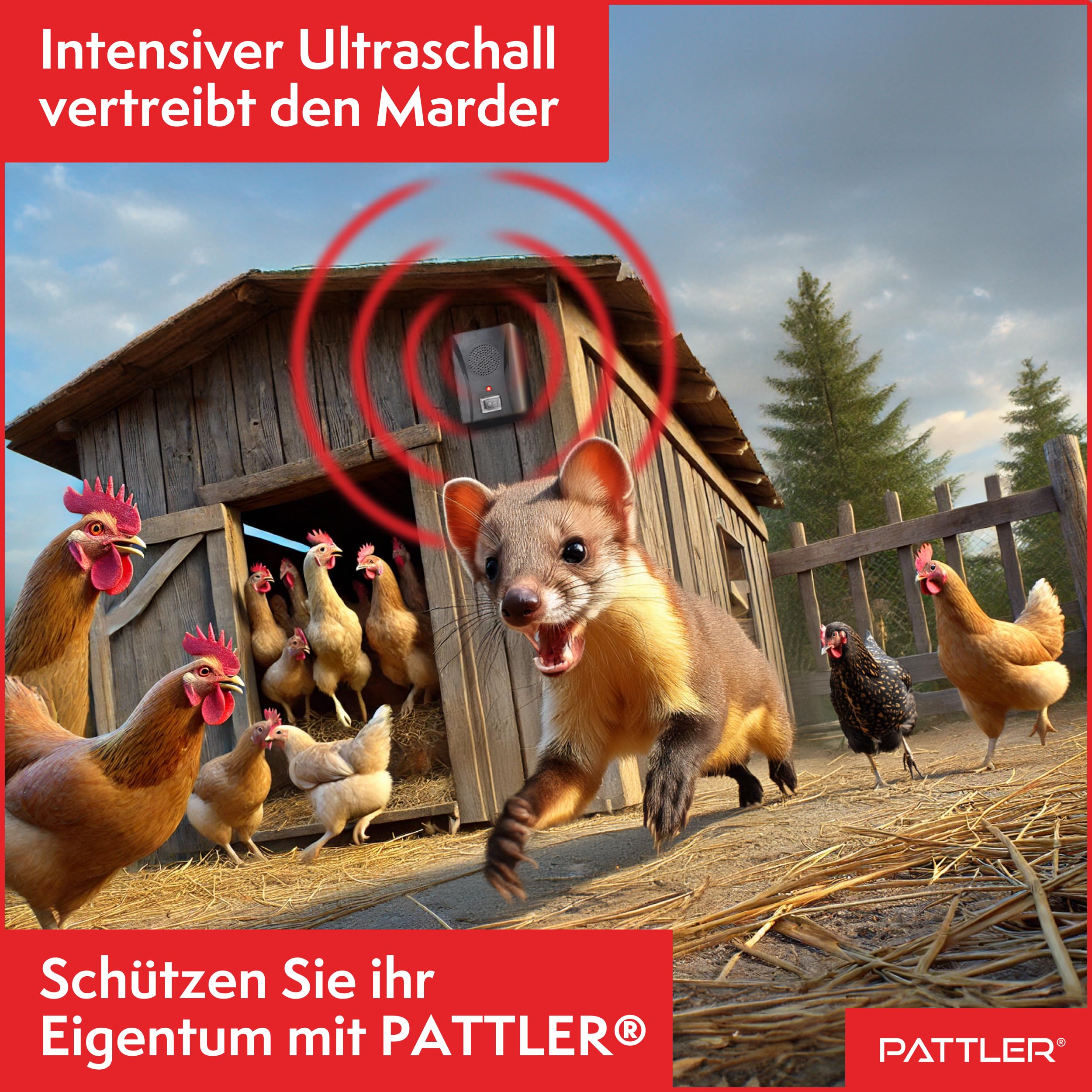 PATTLER Marderschreck Auto Batteriebetrieben mit Ultraschall zur effektiven Marderabwehr und Marderschutz für Auto Garage Dachboden und Haus Anti Gewöhnungseffekt bis 40m² Reichweite - 1 Stück