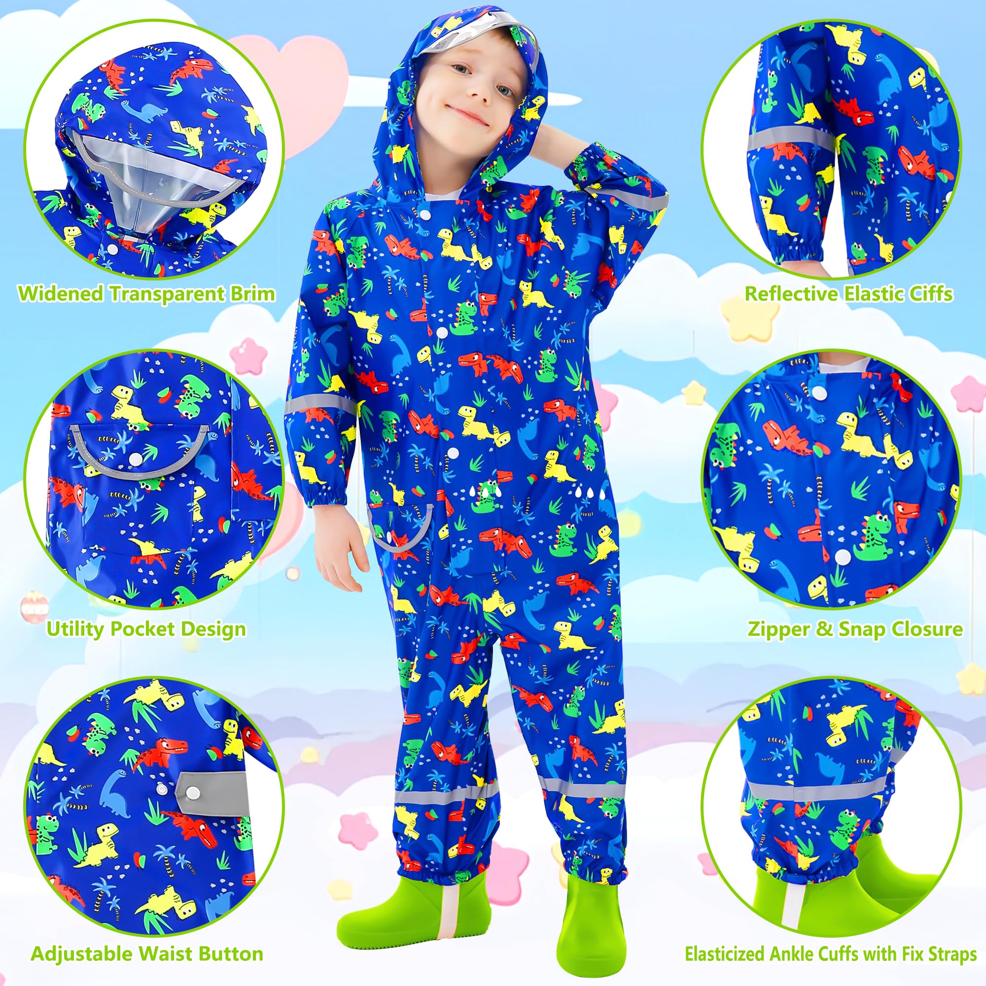 Regenmantel Kinder Jungen Regenanzug Atmungsaktiv Wasserdicht Kapuze Einteilig Leicht Matschanzug Outdoor Overall Regenjack für Kleinkind Baby 1-9 Jahre