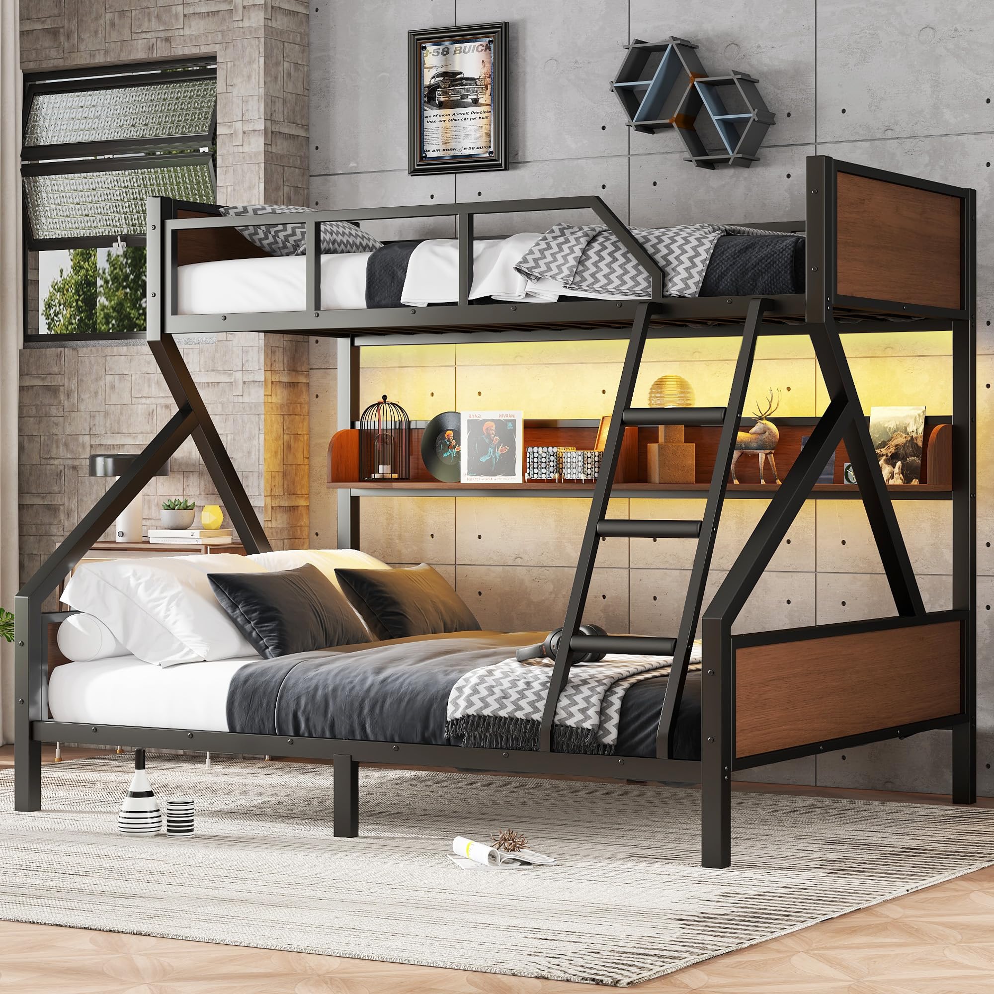 Photo 1 of Bellemave Twin XL Over Queen Bunk Bed with Storage Shelf and RGB LED Lights, Adults Bunk Bed with Angle Padded Ladder, Heavy Duty Bunk Beds with Noise-Reducing Rubber Stoppers, Black