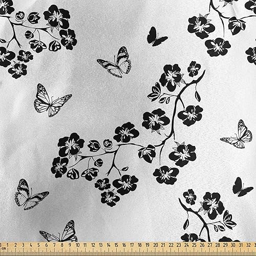 Miniatura 2 de Ambesonne Butterfly Fabric by The Yard, Japanese Inspired Monochrome Sakura Blossom Silhouette Coming of The Spring Tree, Decorative Satin Fabric
