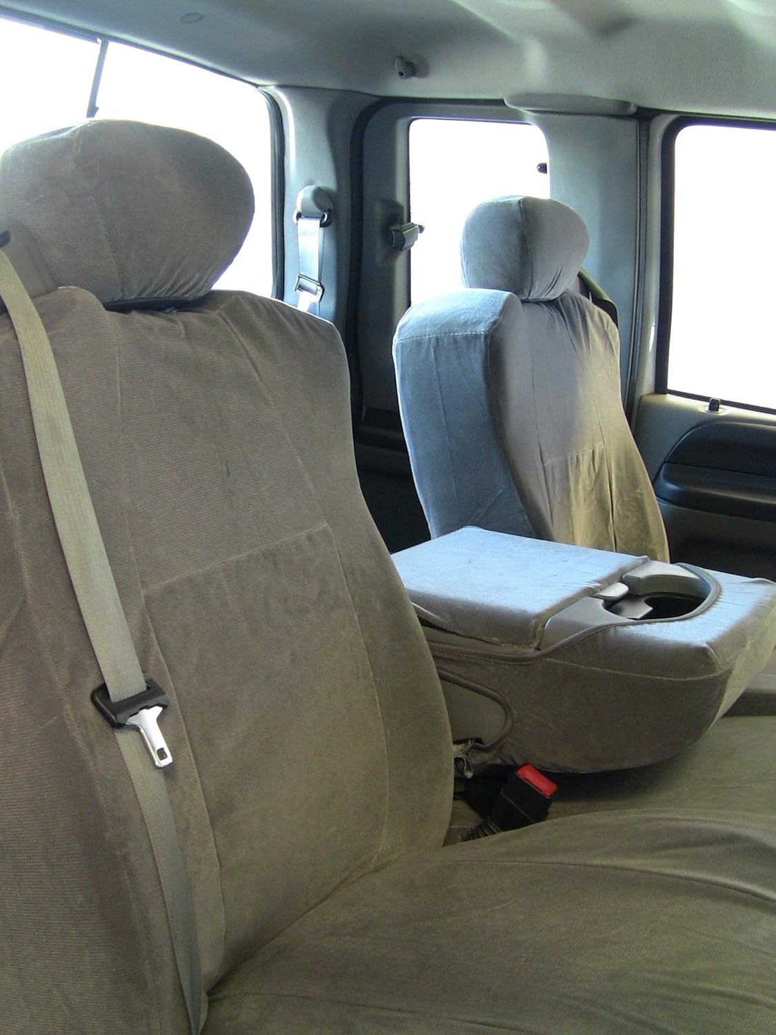 Durafit Seat Covers, Made to fit Pickup F250-F550 Super Cab Front and Back Set. Front 40/20/40 with Integrated Seat Belts. Rear 40/60 Split Bench Seat Covers in Gray Automotive Velour