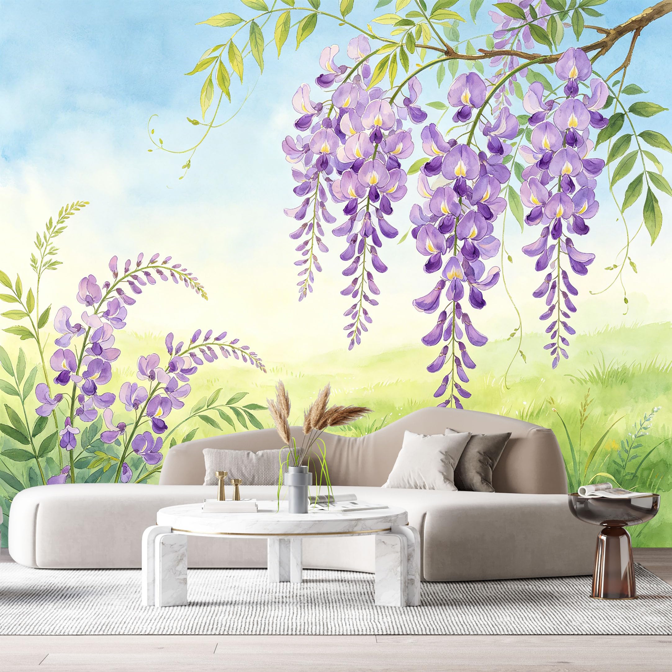 Custom Size Wall Murals Purple Wisteria Botanical Watercolor Blooming Flowers Hanging Vines SelfAdhesive Wall Fabric Removable Large Wallpaper for Photo Living Room