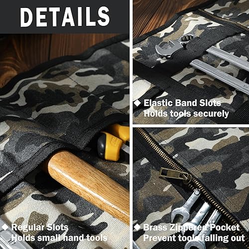 Miniatura 10 de Rollo de herramientas de lona, bolsa portátil para herramientas, bolsa enrollable de lona encerada de 16 onzas, con 12 ranuras y banda elástica y 1