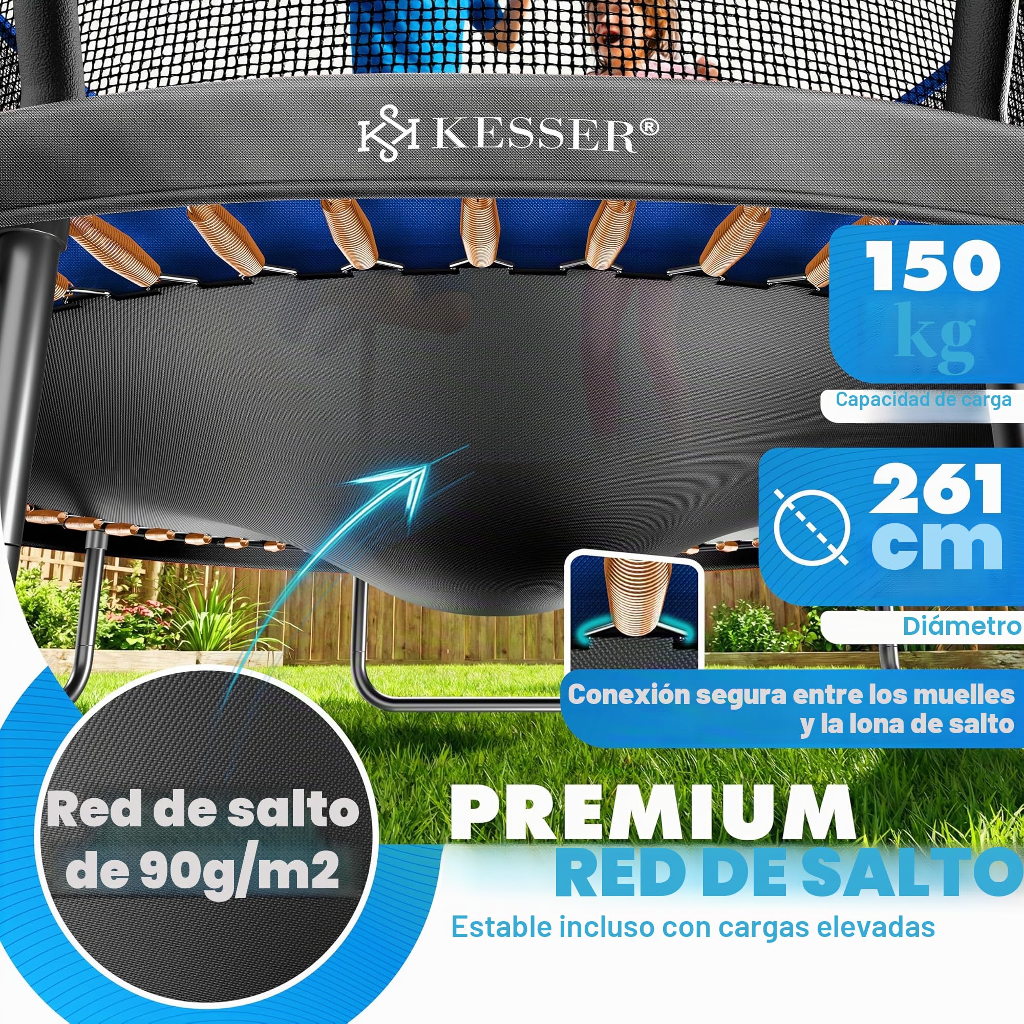 KESSER® Trampolín exterior Ø 244/305/366/427 cm, certificado GS, cama elástica de jardín para niños y adultos < 150 kg con red de seguridad, incluye bolsa, escalera, cubierta de borde y barras de red