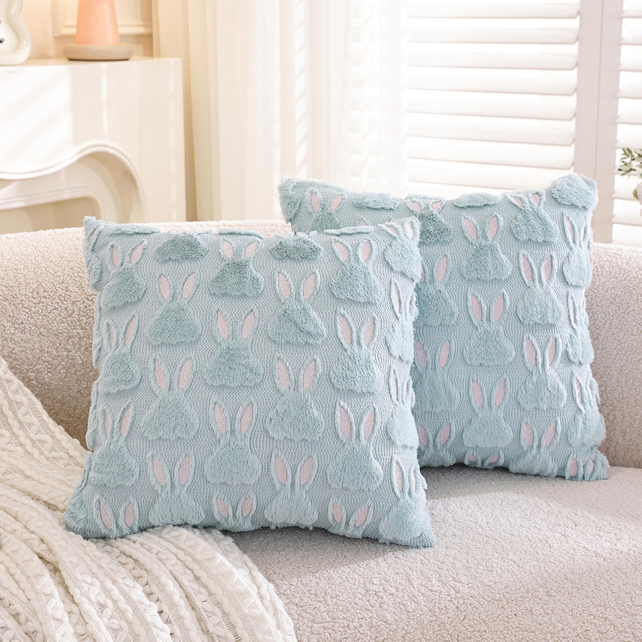 TAOSON Pack of 2 Easter Bunny Pillow Covers 18x18 Inch - Blue Pink Rabbit Ears Jacquard Throw Pillow Cases Soft Plush Cushion Covers for Sofa Bed โ image 1