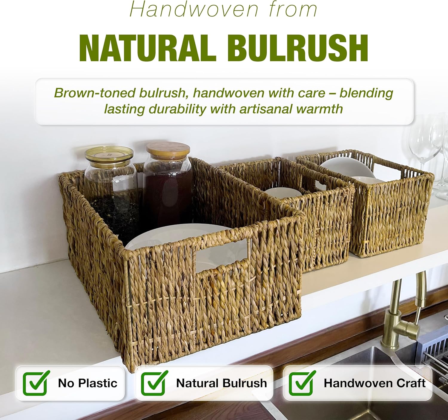 Wicker Basket Set – Stackable Storage Bins for Organizing Pantry & Kitchen – 1 Large Basket + 2 Small Baskets with Handle – Wicker Storage Baskets for Shelves & More