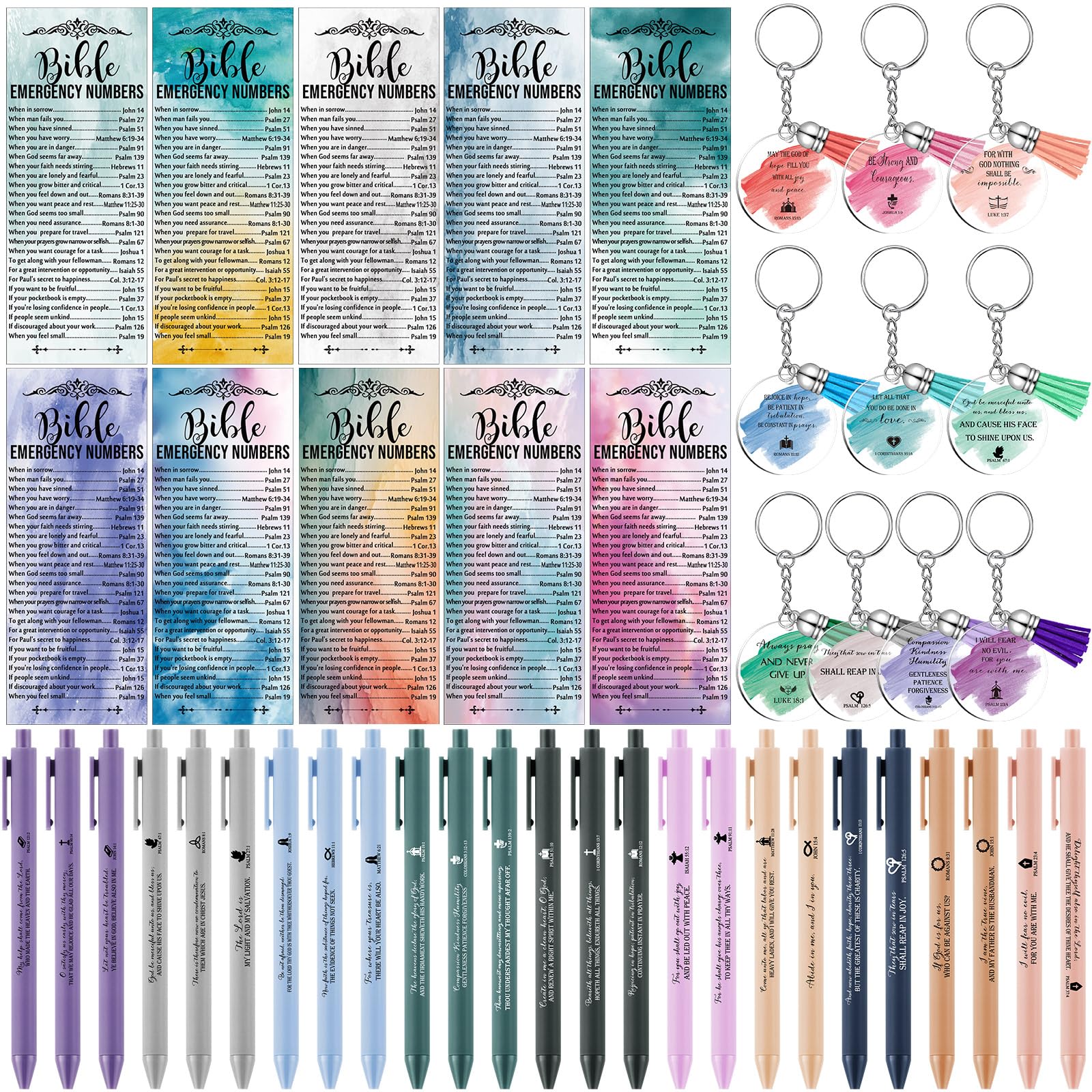 Feifeiya 25 Sets Mother's Day Christian Gifts Bulk Bible Verse Emergency Numbers Bookmarks Christian Pens Religious Keychain Church Welcome Gifts for