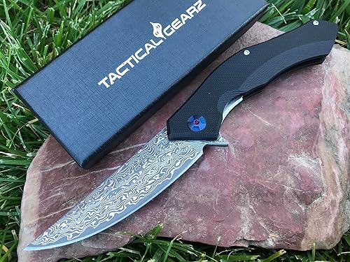 TACTICAL GEARZ Cuchillo de bolsillo Damasco G10 Triton XT Mango G10 Hoja de Damasco con núcleo VG10 y 67 capas Sistema de pivote de rodamientos de