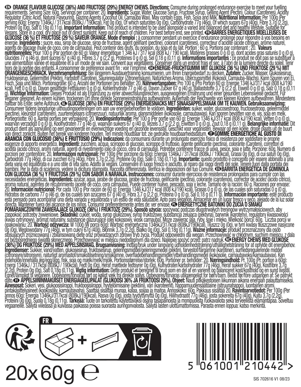 Science in Sport Beta Fuel Barra 20 x 60g Naranja – Barras energéticas veganas con 46g de carbohidratos, fuente ideal de energía para entrenamientos intensos