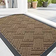OLANLY Indoor Outdoor Mat, Sturdy Natural Rubber Floor Mat, Non Slip Low Profile Waterproof Doormat, and Stain Front Door Mats, Easy Clean Patio Entrance Mat, 30''x17'', Light Brown