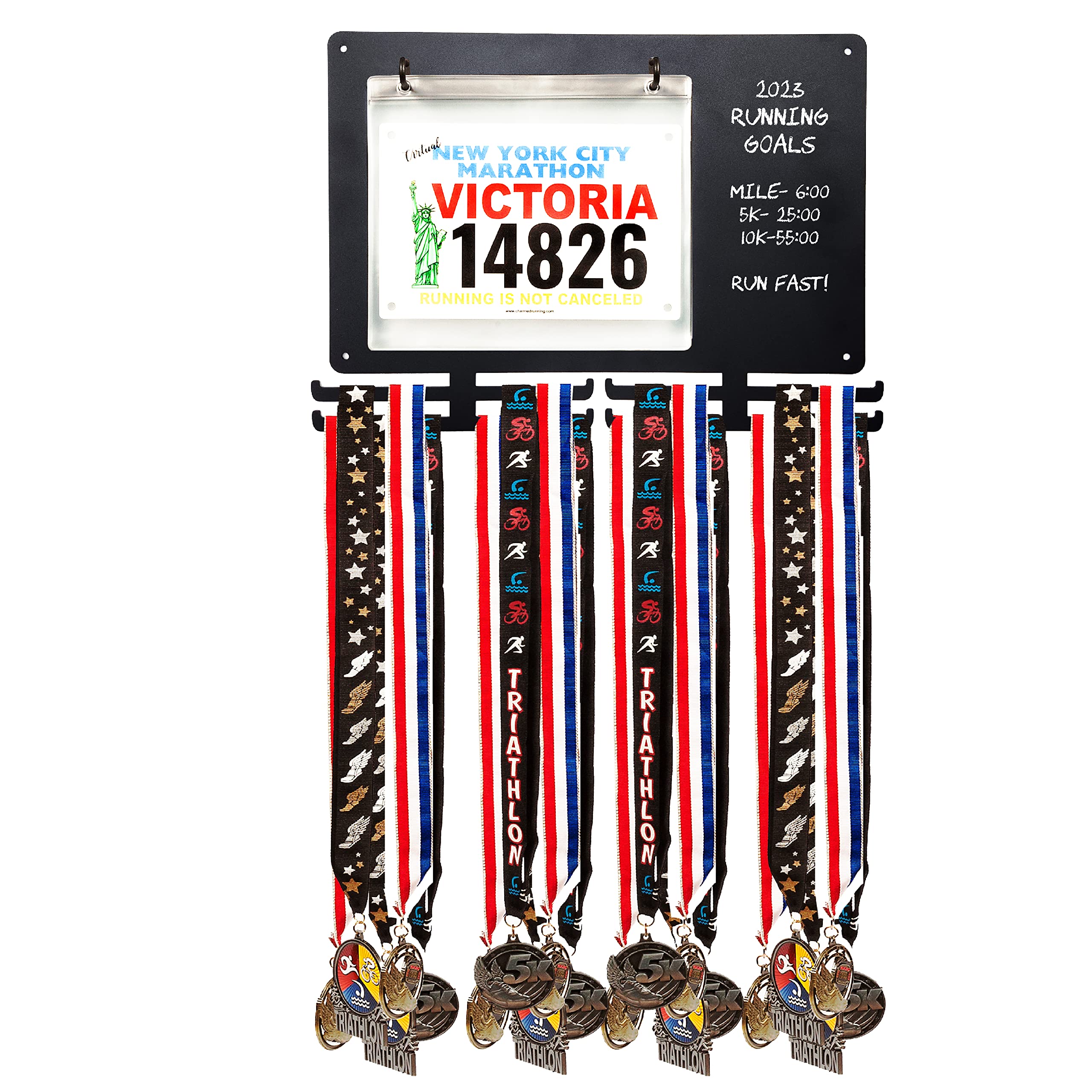 MedalAwardsRack Race Bib and Medal Display for Track, Marathons, Triathlons, Races, and More - Holds up to 28 Medal and 20 Race Bib
