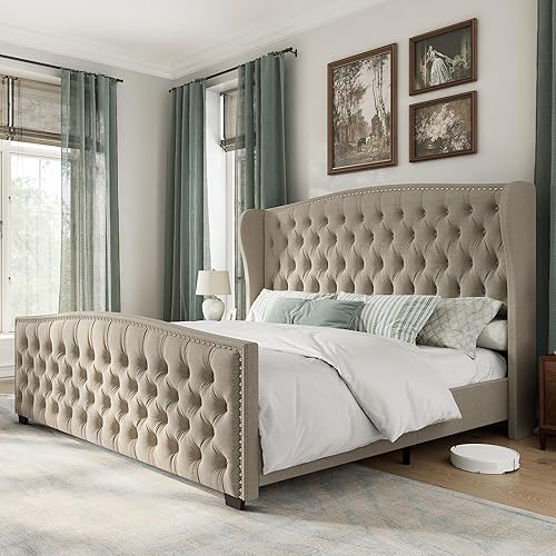 Miniatura 10 de AMERLIFE Base de cama de plataforma tamaño King, cama tapizada en terciopelo con botones profundos y cabecera con alas y ribete de clavos, no