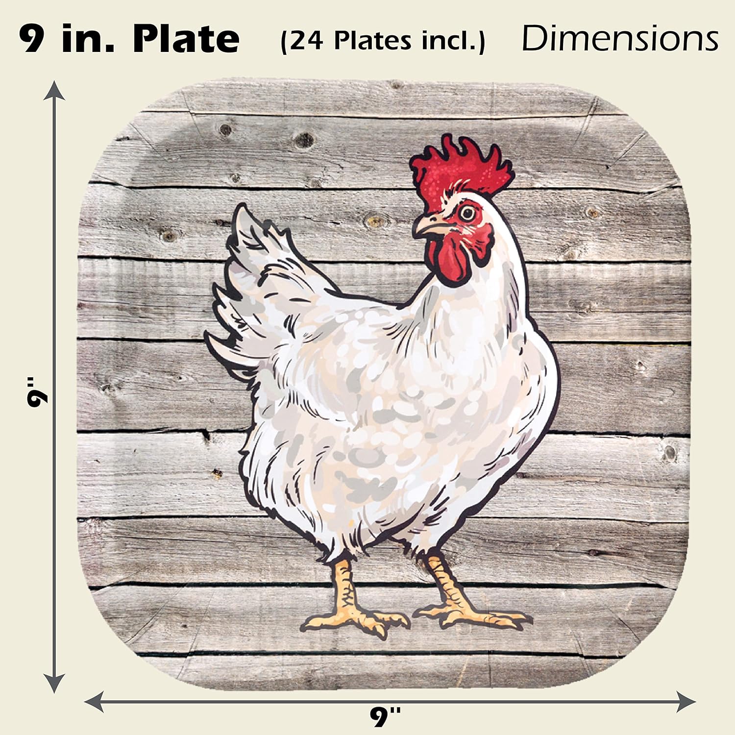 Havercamp Chicken 9” Plates on Barnwood (24 pcs.)! Authentic and Clucky Chicken on a Rustic Barnwood Background. 24 Lg. 9 in. Square Dinner Plates. Pair with the Farm Table Collection!