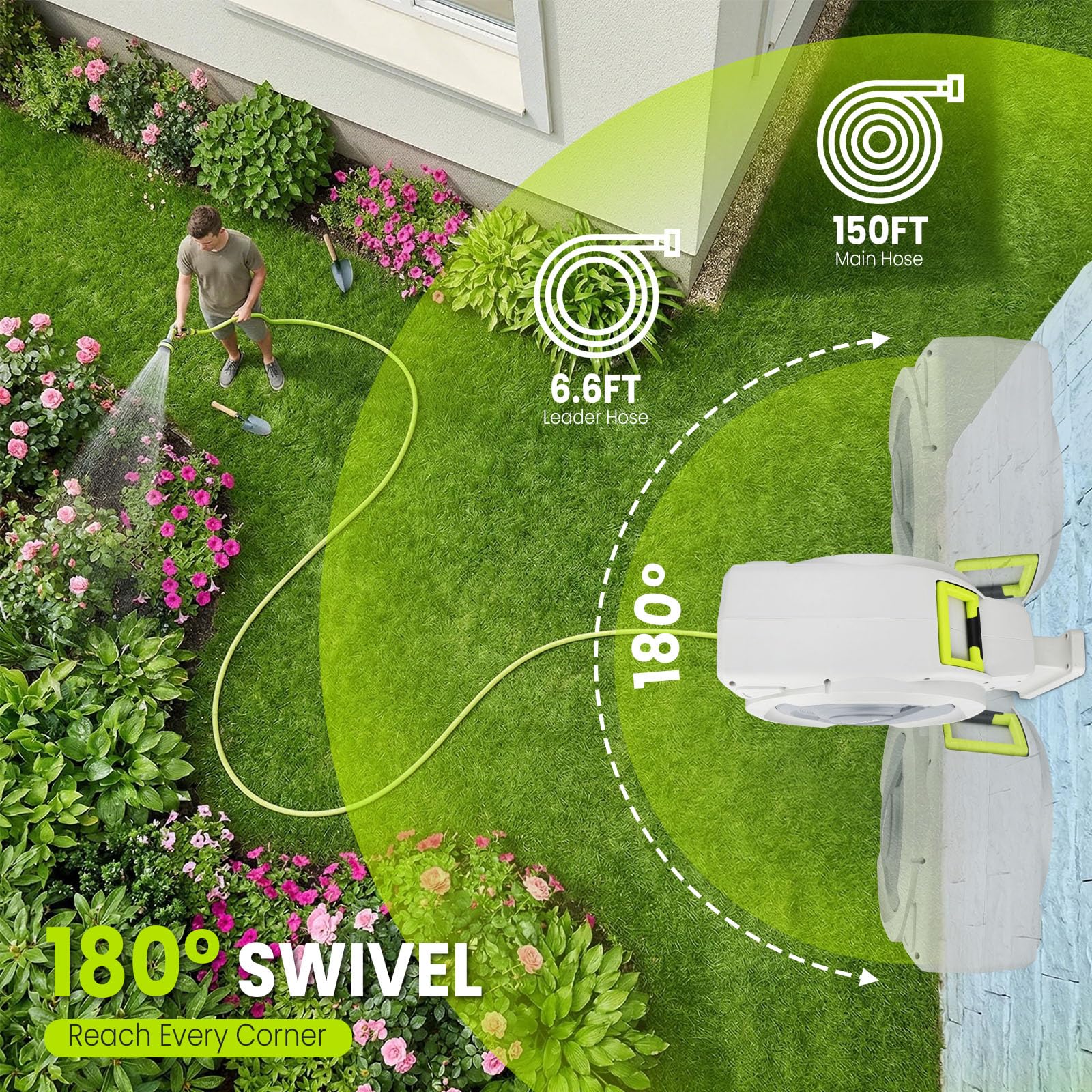 Enrouleur de tuyau d’eau 45 m + 2 m, rotatif à 180°, boîte de tuyau d’arrosage automatique de jardin avec 10 fonctions d’arrosage pour laver la voiture