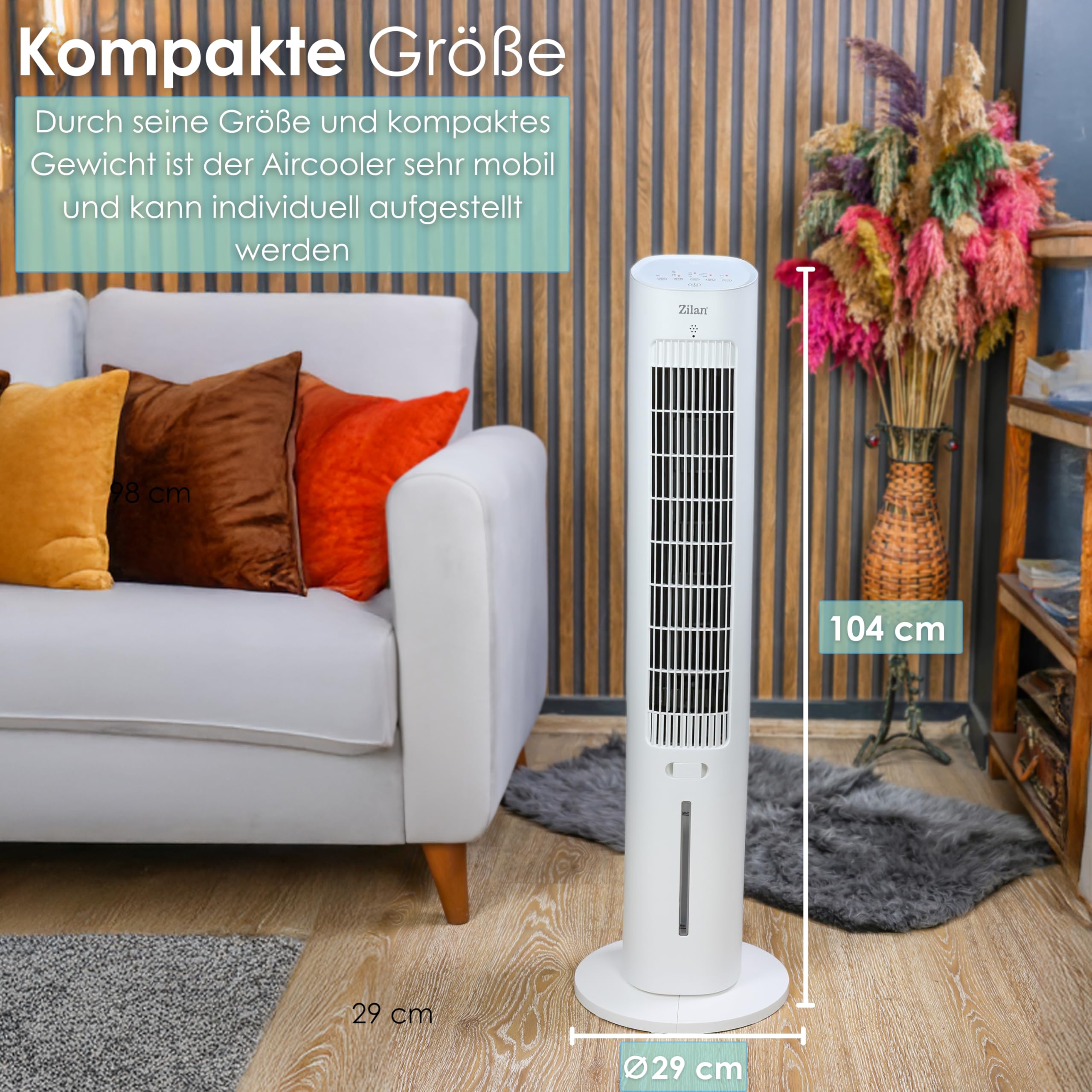 3in1 Standventilator mit Wasserkühlung sehr leise - Mobile Klimaanlage ohne Abluftschlauch -Verdunstungskühler Aircooler Turmventilator mit Fernbedienung Luftreiniger 12H Timer Tower Fan (Turm Design)