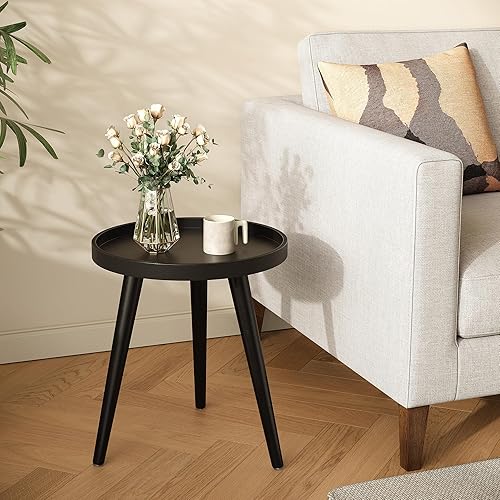 Miniatura 7 de Apicizon Mesa auxiliar redonda negra, bandeja para sofá, mesa auxiliar para sala de estar, dormitorio, espacios pequeños, mesa de noche de fácil